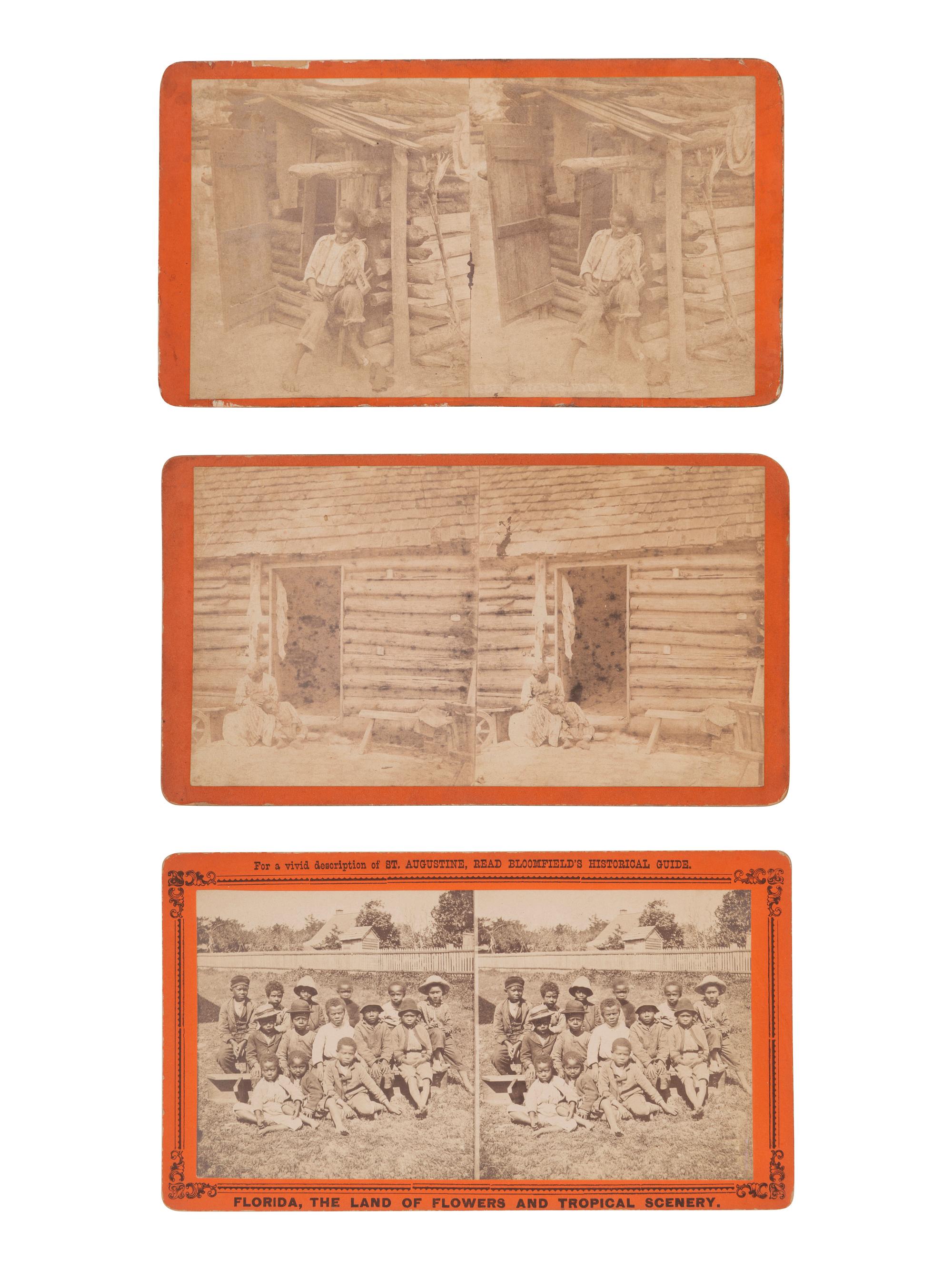 [EARLY PHOTO.] 17 stereoviews of African American domestic life, incl. cabin views and family scenes