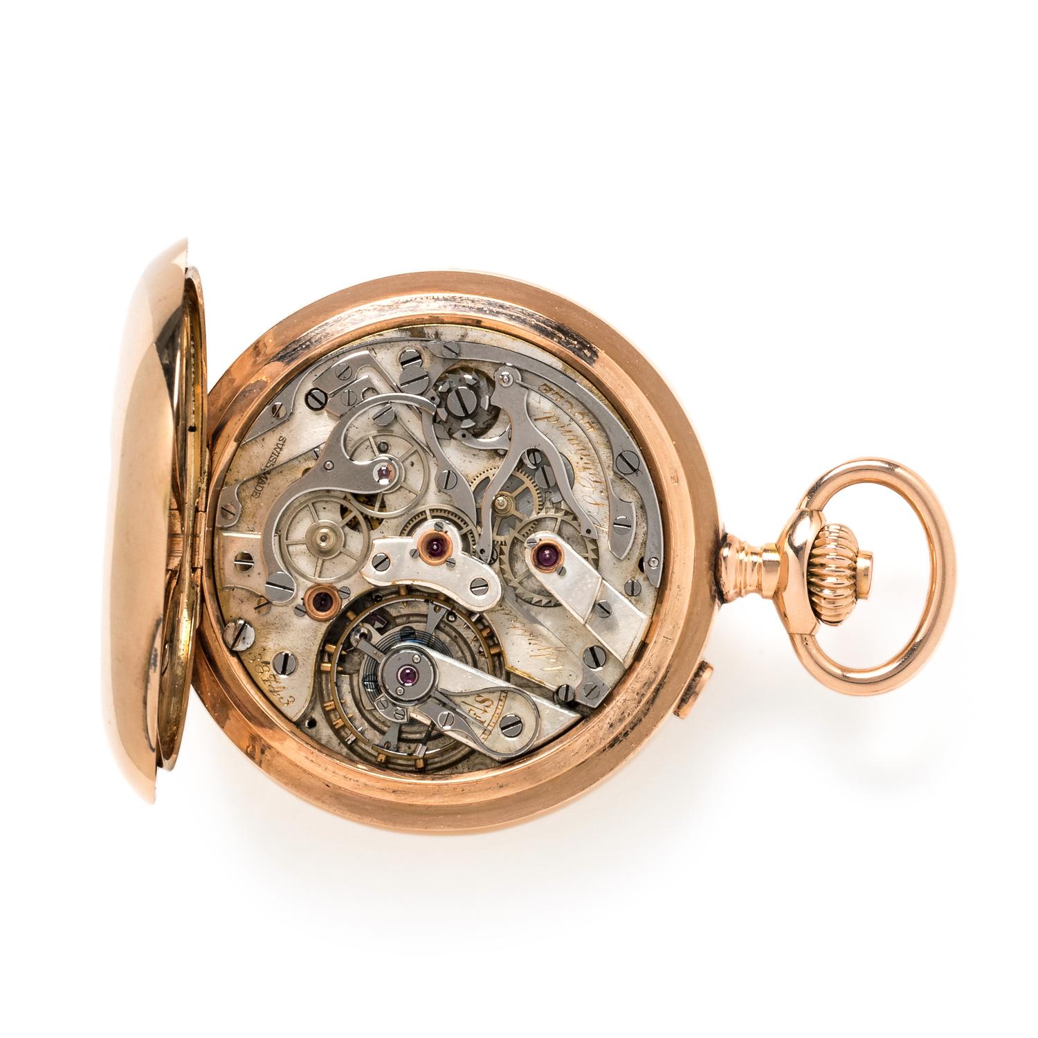 14K PINK GOLD SPLIT SECOND CHRONOGRAPH OPEN FACE POCKET WATCH