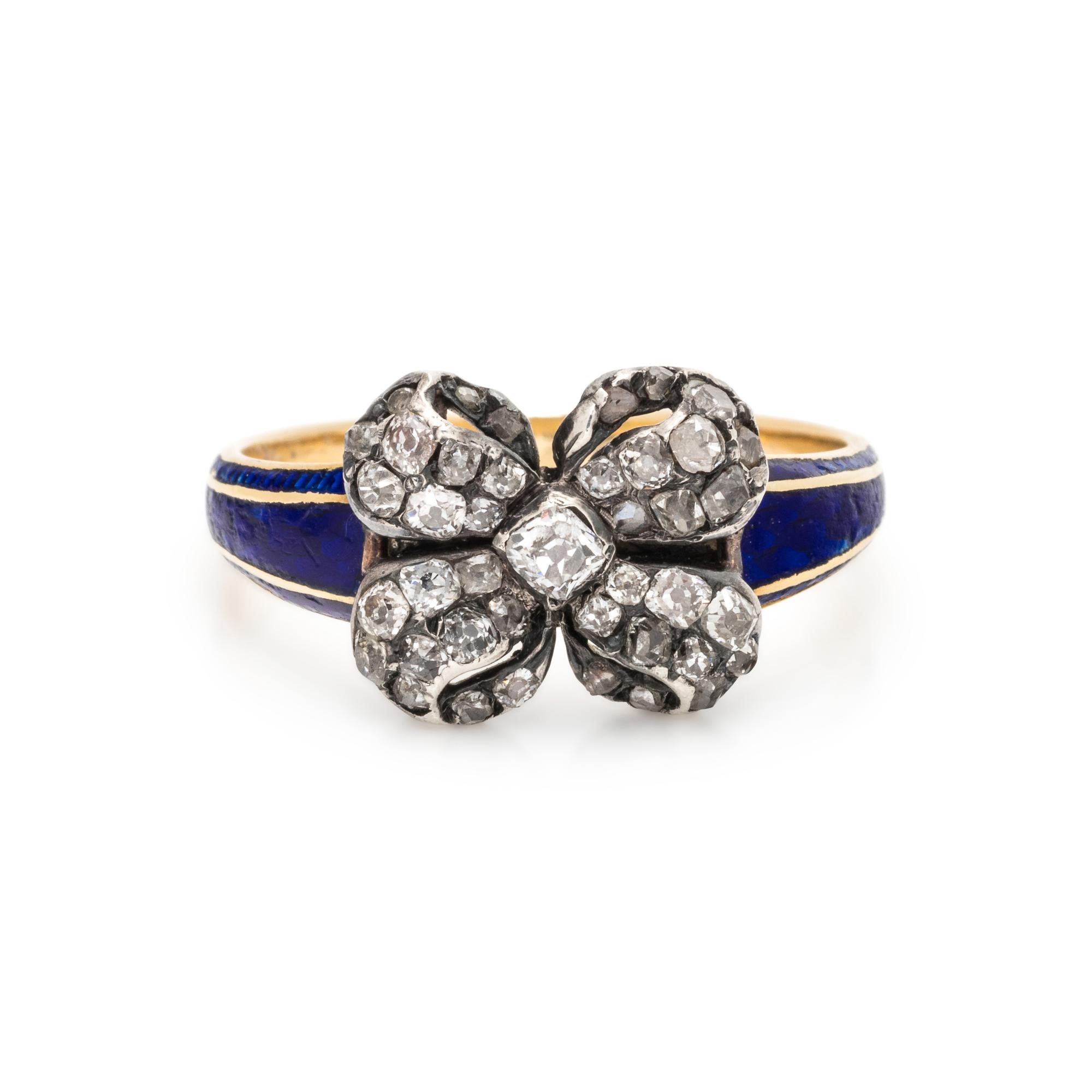 GEORGIAN, DIAMOND AND ENAMEL BOW RING