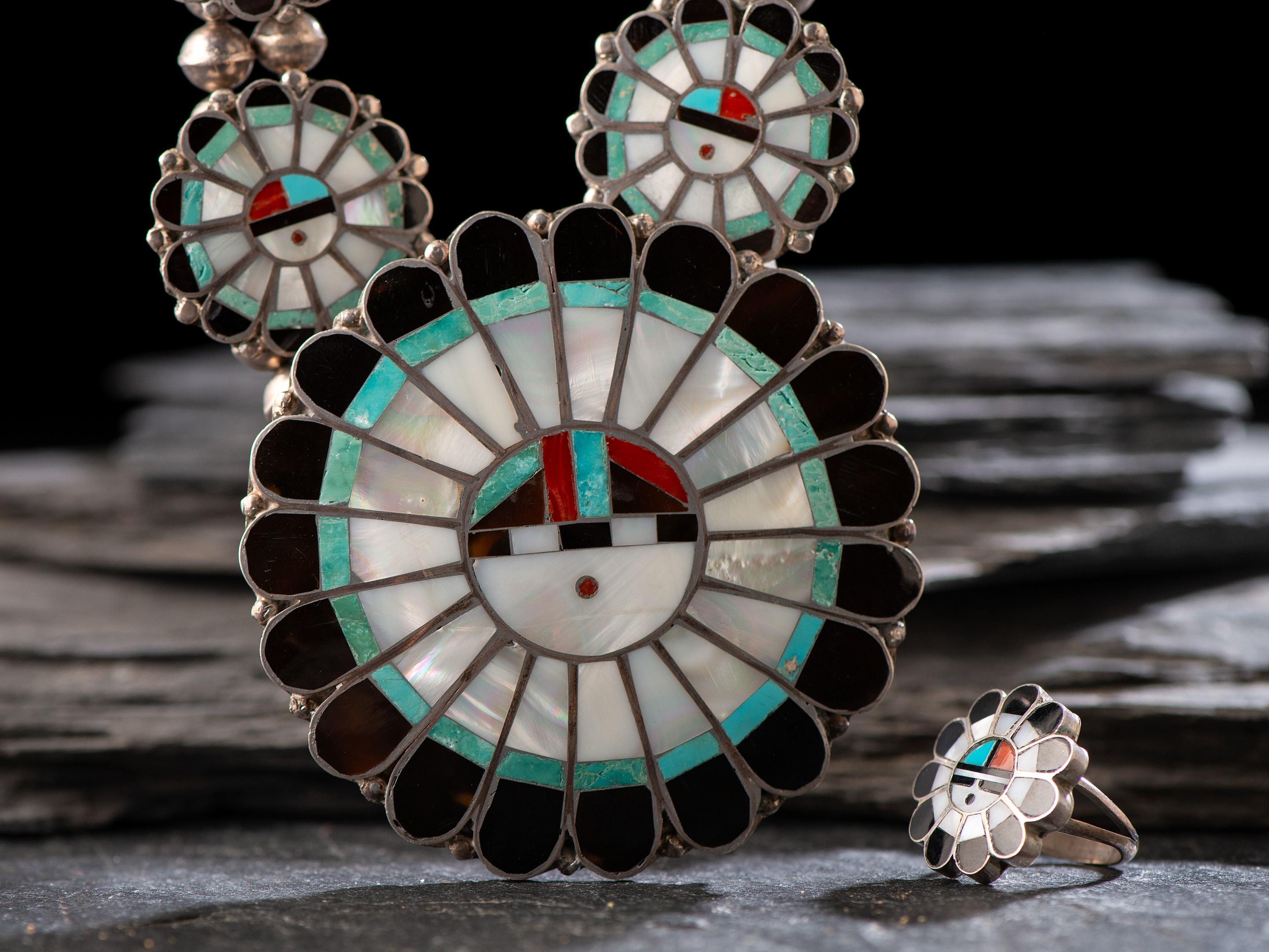 Zuni Mosaic Inlay Sunface Necklace and Ring