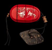 A Japanese Mother-of-Pearl Inlaid Red Lacquer Three-Case Inro