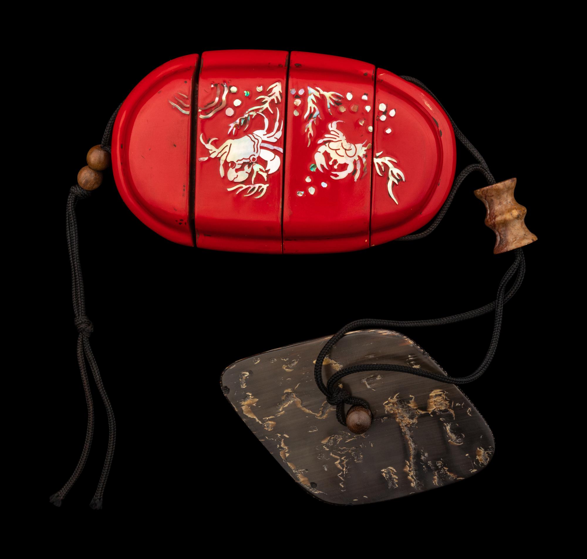 A Japanese Mother-of-Pearl Inlaid Red Lacquer Three-Case Inro