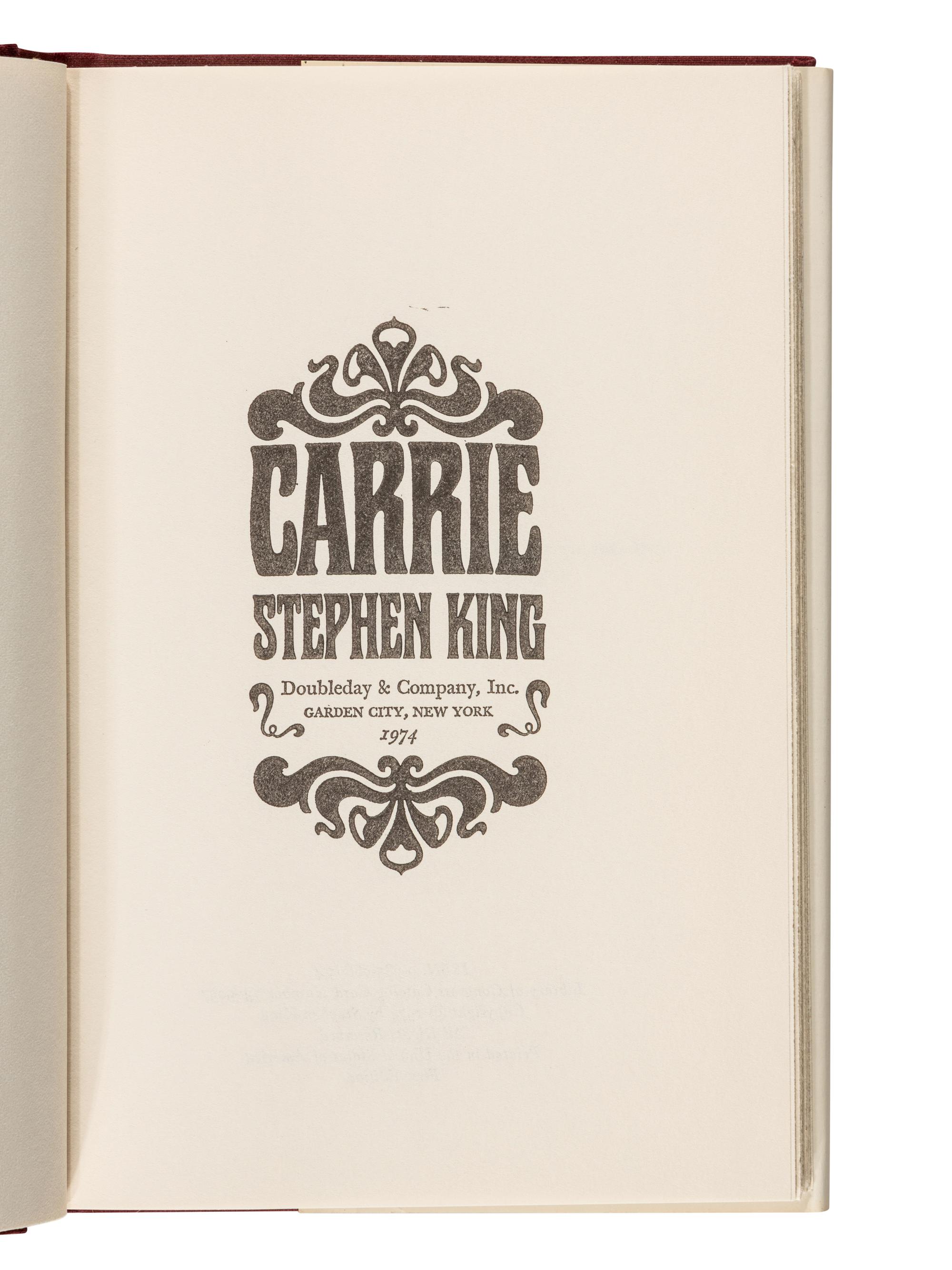 KING, Stephen (b. 1947). Carrie . Garden City, New York: Doubleday and Co., Inc., 1974.