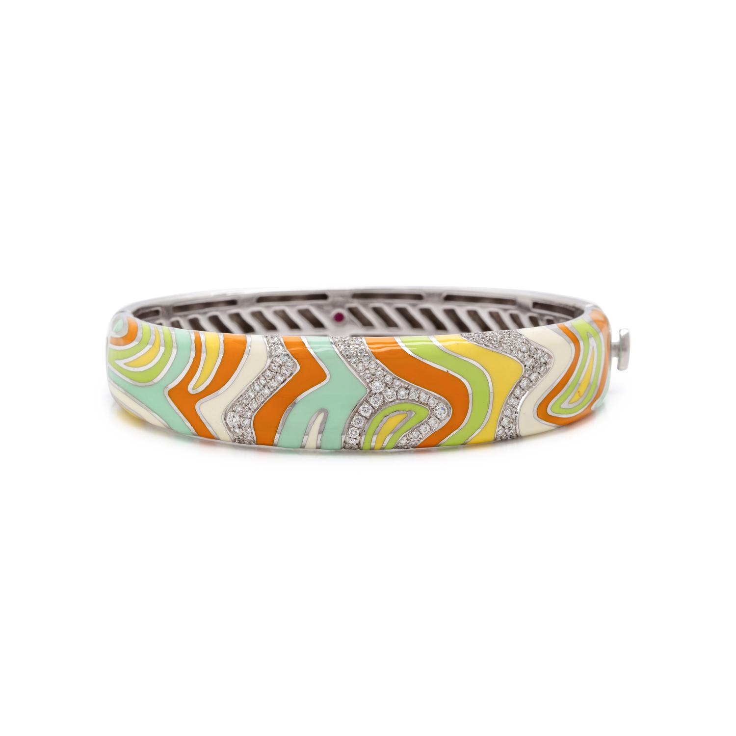 Roberto Coin, Enamel, Diamond, and White Gold Bangle Bracelet and Earrings