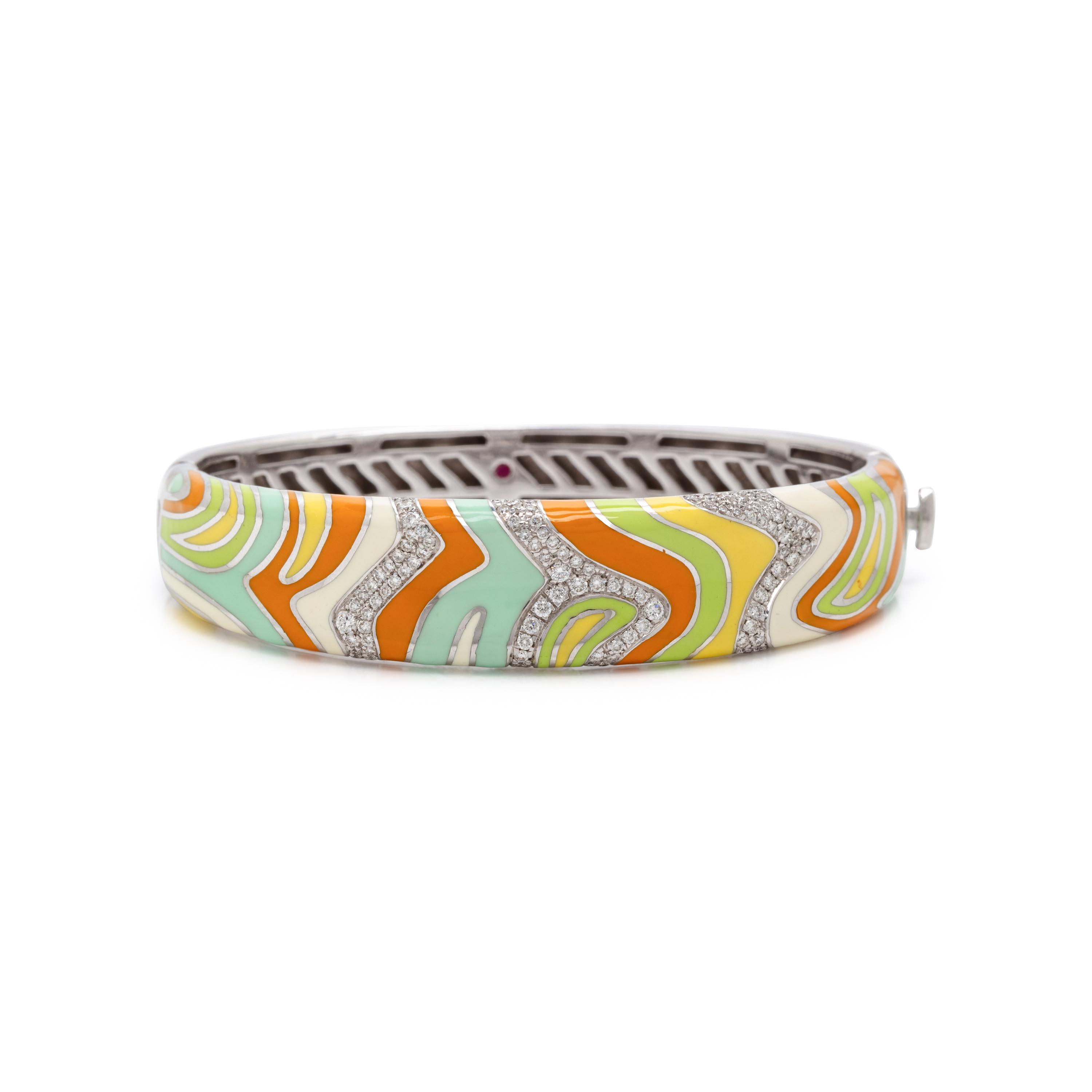 Roberto Coin, Enamel, Diamond, and White Gold Bangle Bracelet and Earrings