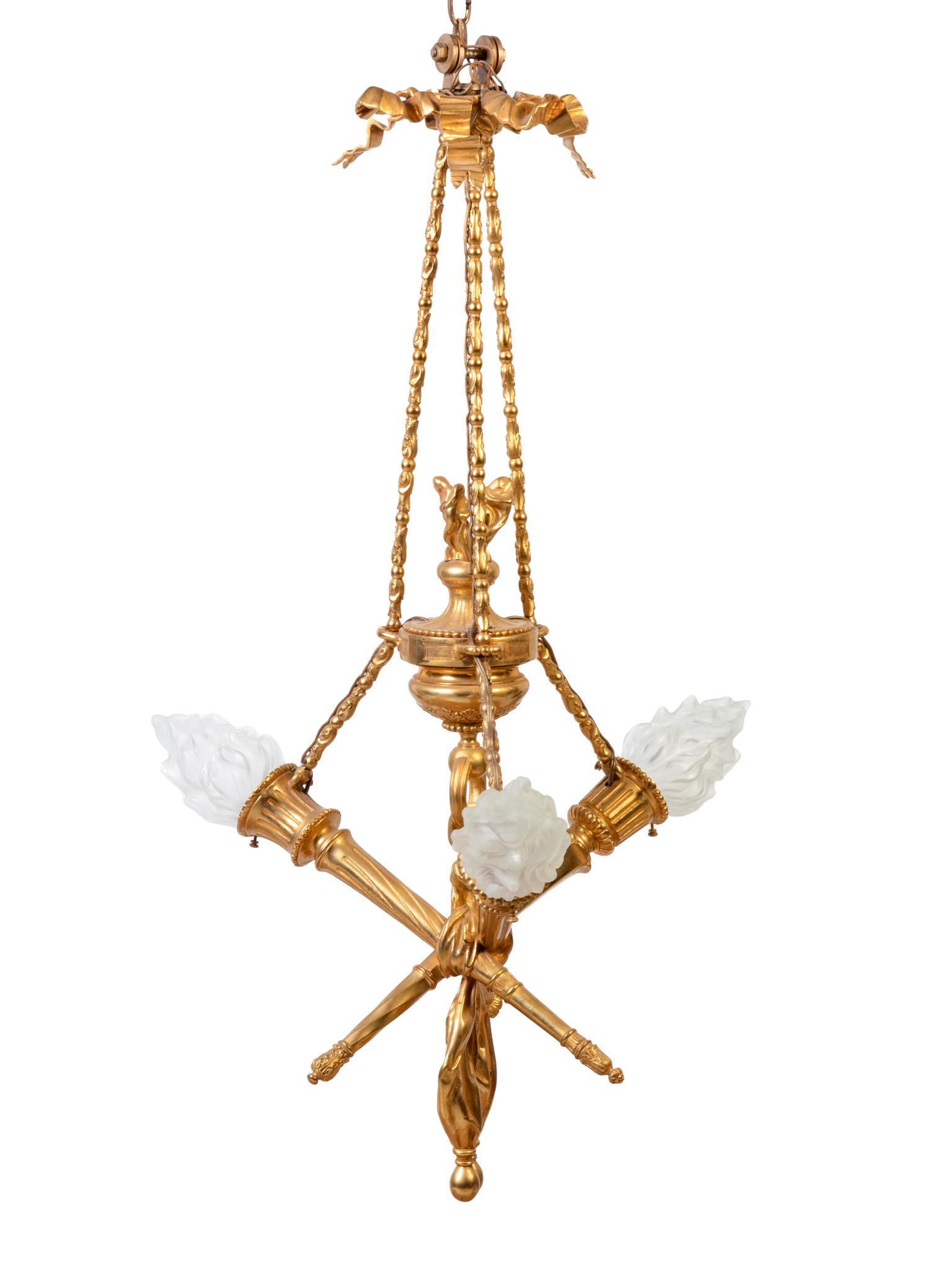 A Louis XVI Style Gilt Bronze Three-Light Chandelier