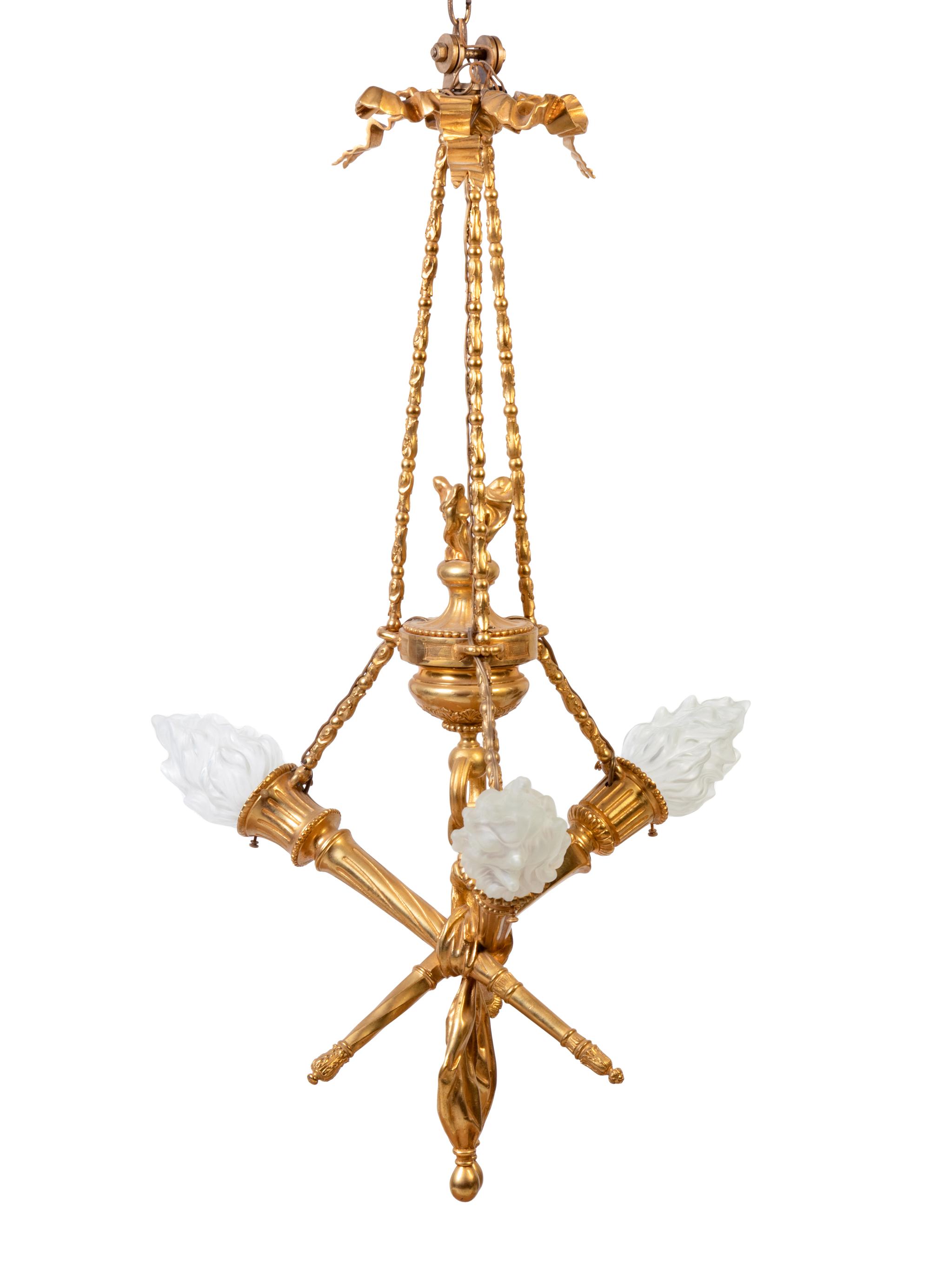 A Louis XVI Style Gilt Bronze Three-Light Chandelier