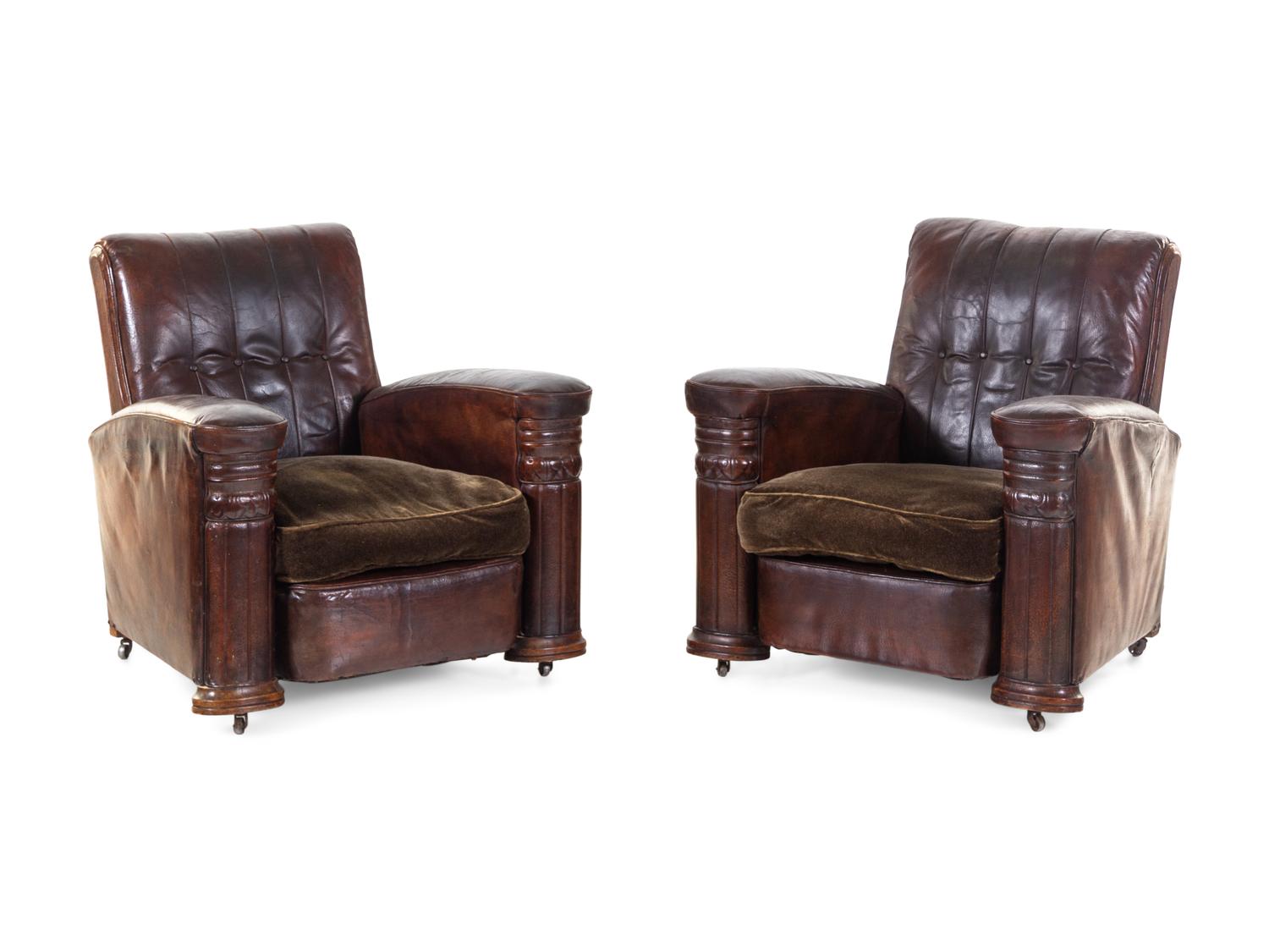 A Pair of French Leather and Mohair Upholstered Club Chairs