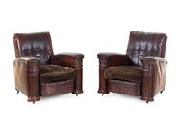 A Pair of French Leather and Mohair Upholstered Club Chairs
