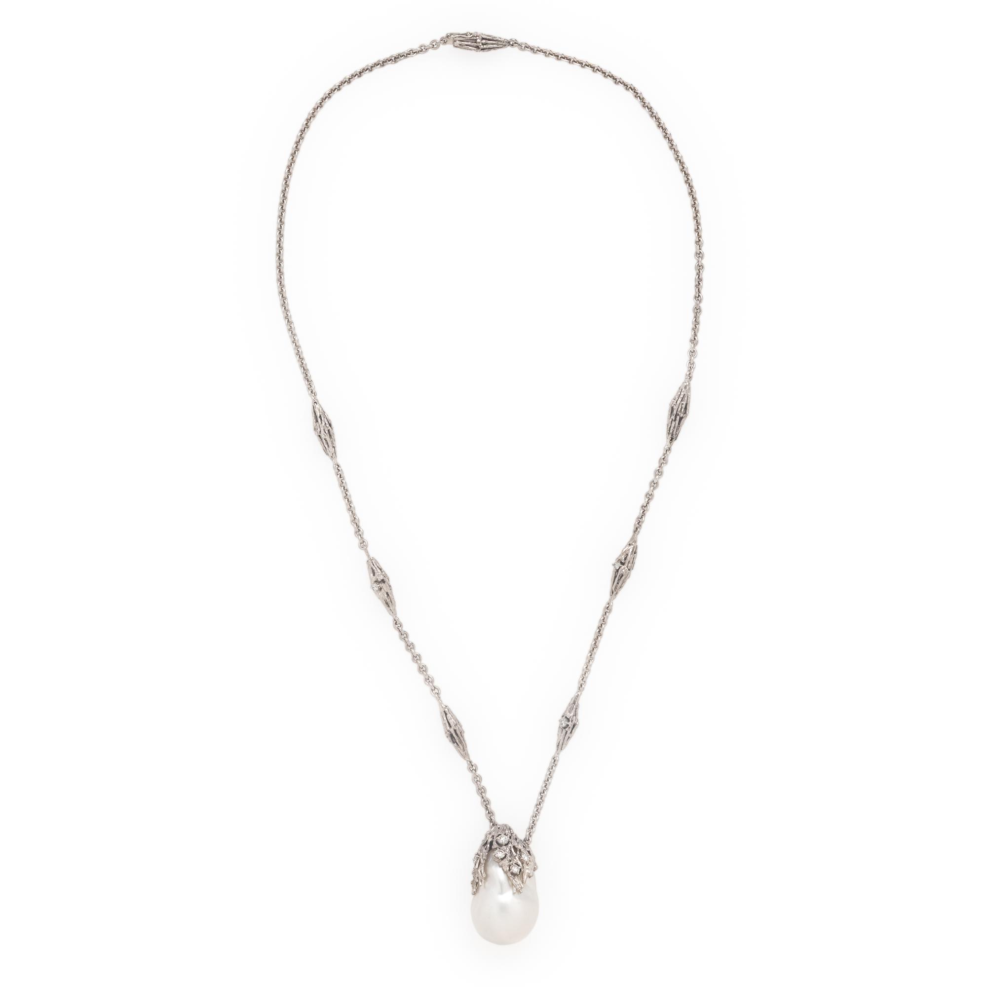 Bunda, Cultured Baroque Pearl, Diamond, and White Gold Pendant Necklace