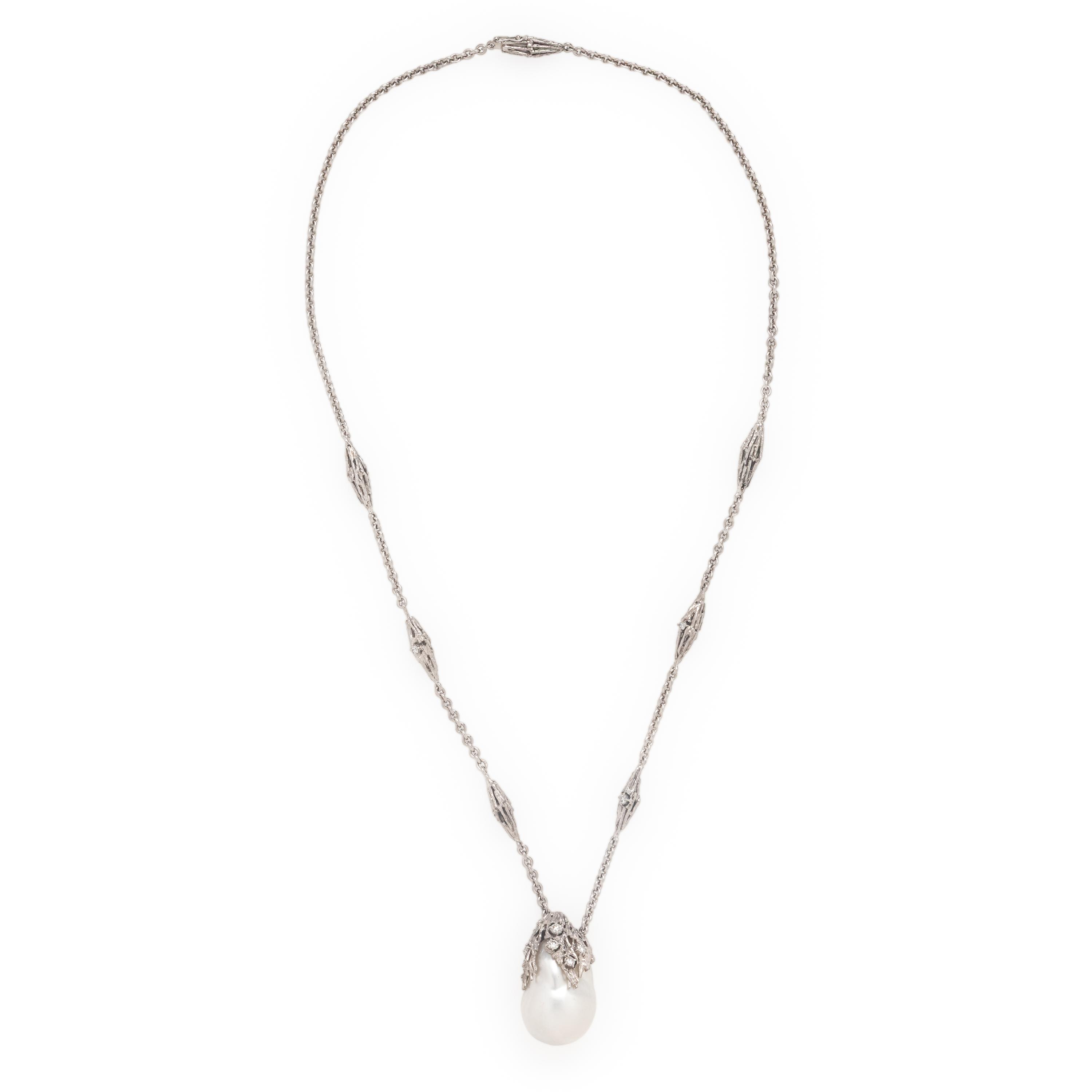 Bunda, Cultured Baroque Pearl, Diamond, and White Gold Pendant Necklace
