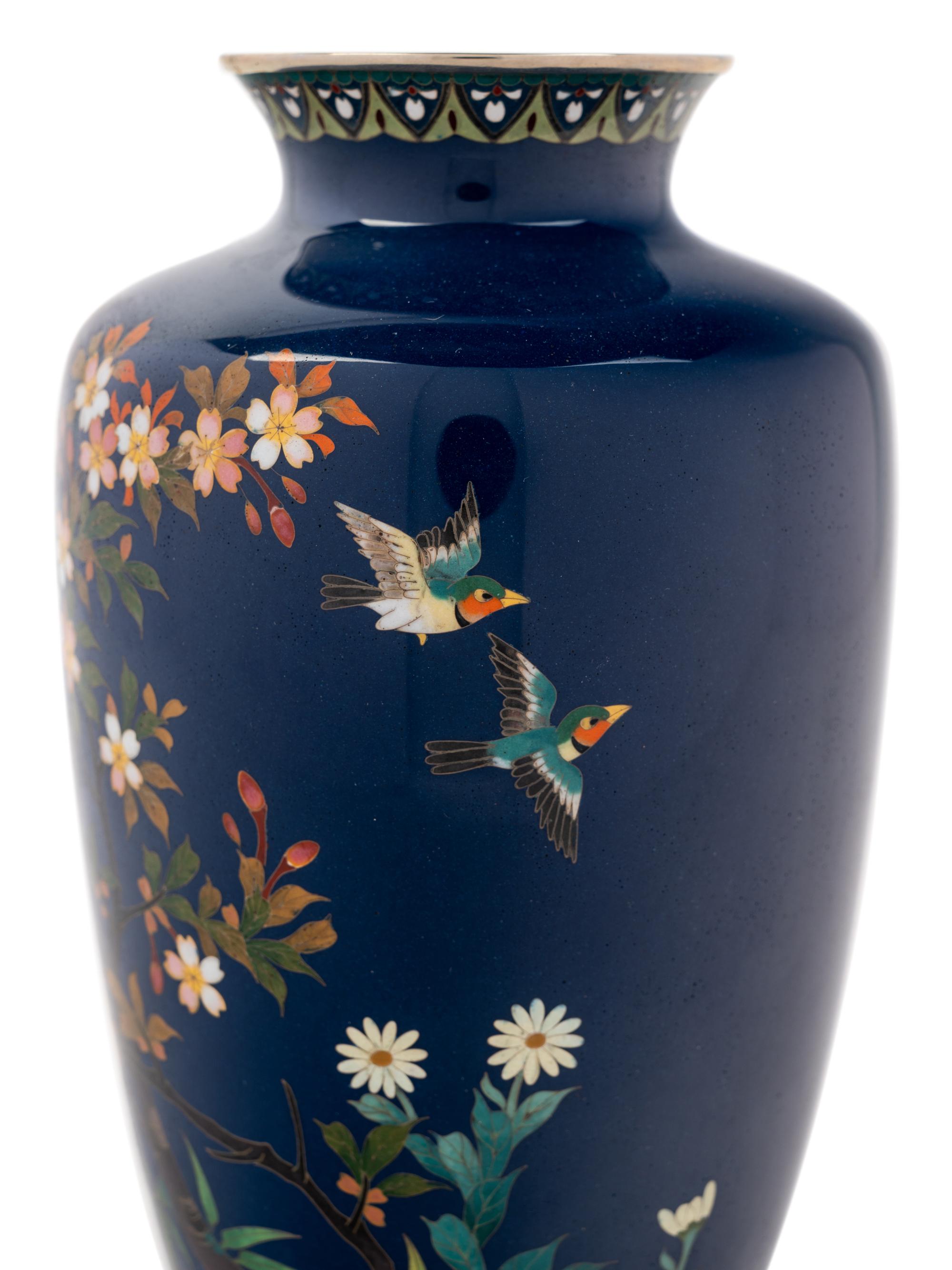Eight Japanese Blue Ground Cloisonné Enamel and Embossed Foil 'Ginbari' Vases