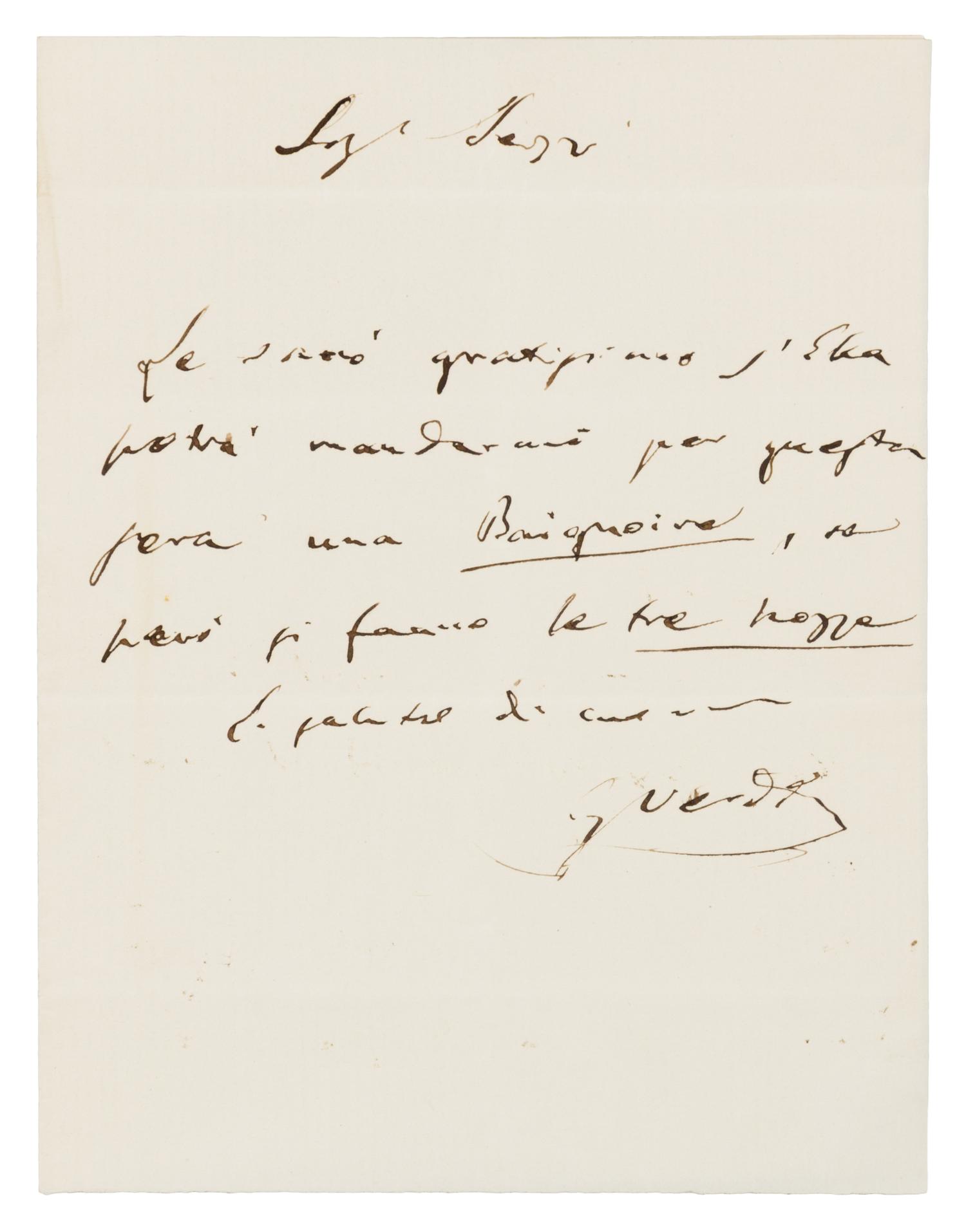 VERDI, Giuseppe (1813-1901). Autograph letter signed ("G. Verdi"), in Italian, to Signora [Esther?] Sezzi. [Paris], n.d. [c.1850s?].