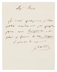 VERDI, Giuseppe (1813-1901). Autograph letter signed ("G. Verdi"), in Italian, to Signora [Esther?] Sezzi. [Paris], n.d. [c.1850s?].