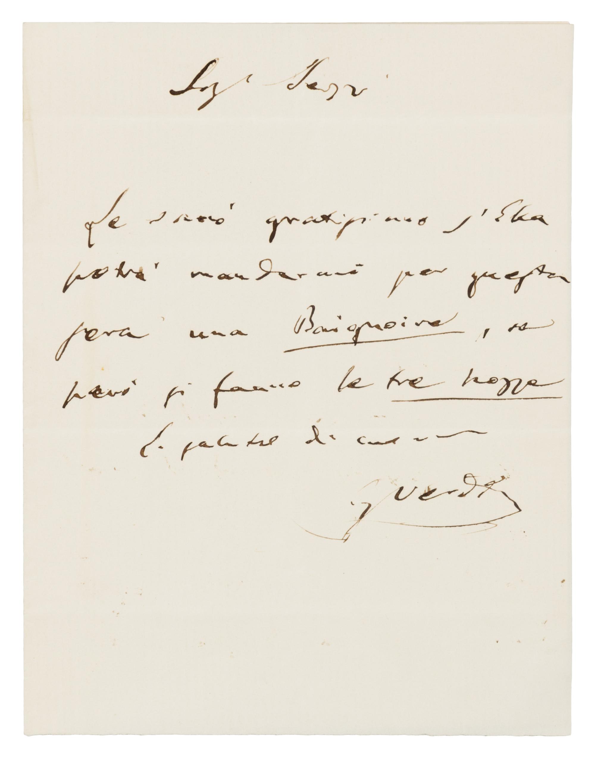 VERDI, Giuseppe (1813-1901). Autograph letter signed ("G. Verdi"), in Italian, to Signora [Esther?] Sezzi. [Paris], n.d. [c.1850s?].