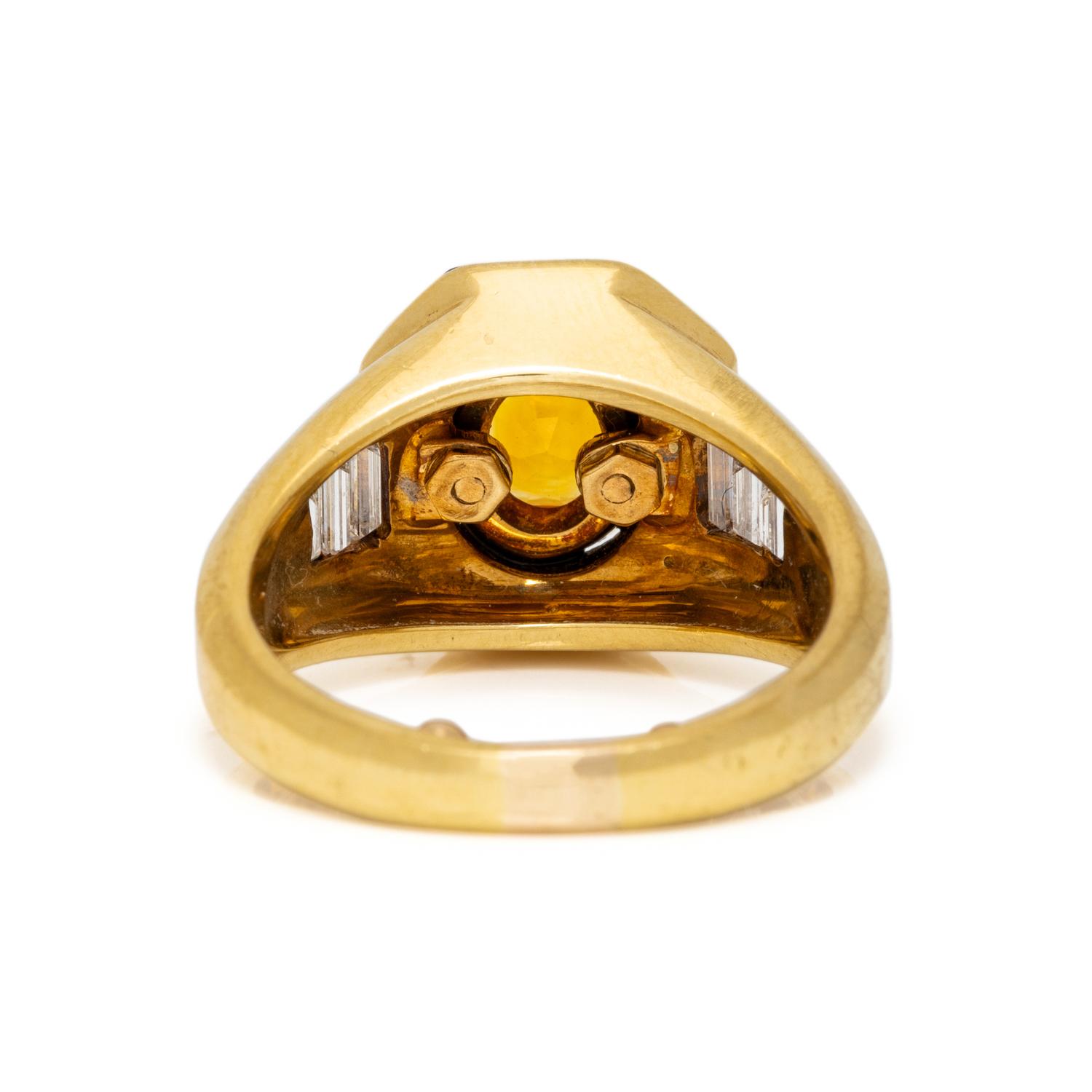 CRAIG DRAKE, YELLOW GOLD, ORANGE SAPPHIRE, ONYX, AND DIAMOND RING