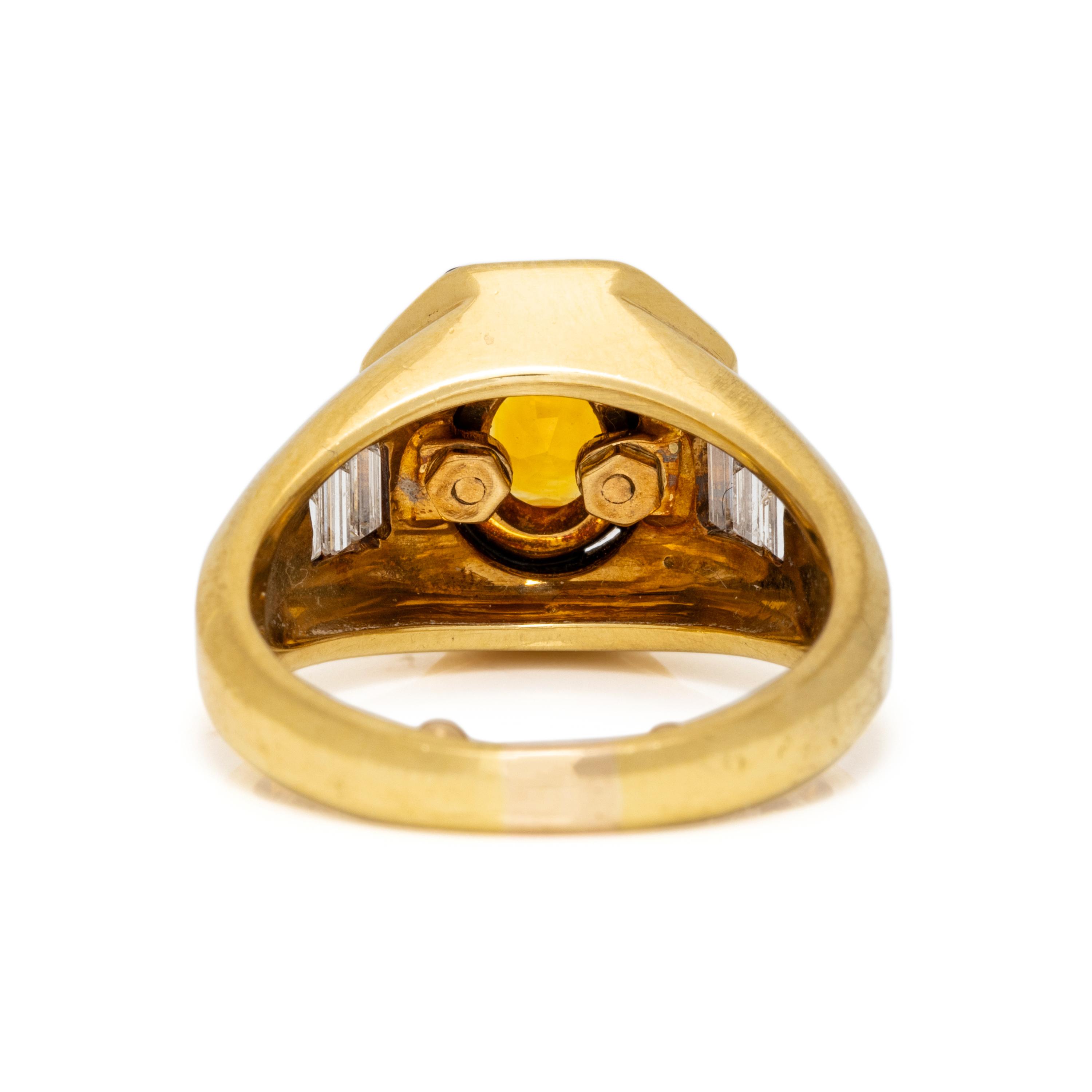 CRAIG DRAKE, YELLOW GOLD, ORANGE SAPPHIRE, ONYX, AND DIAMOND RING