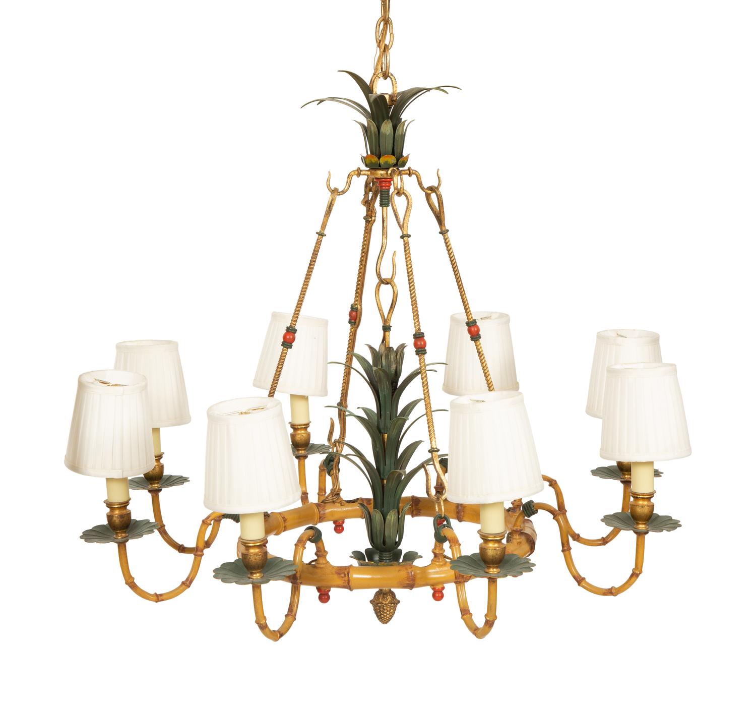 A Whimsical Painted Iron Eight Light Bamboo Design Chandelier