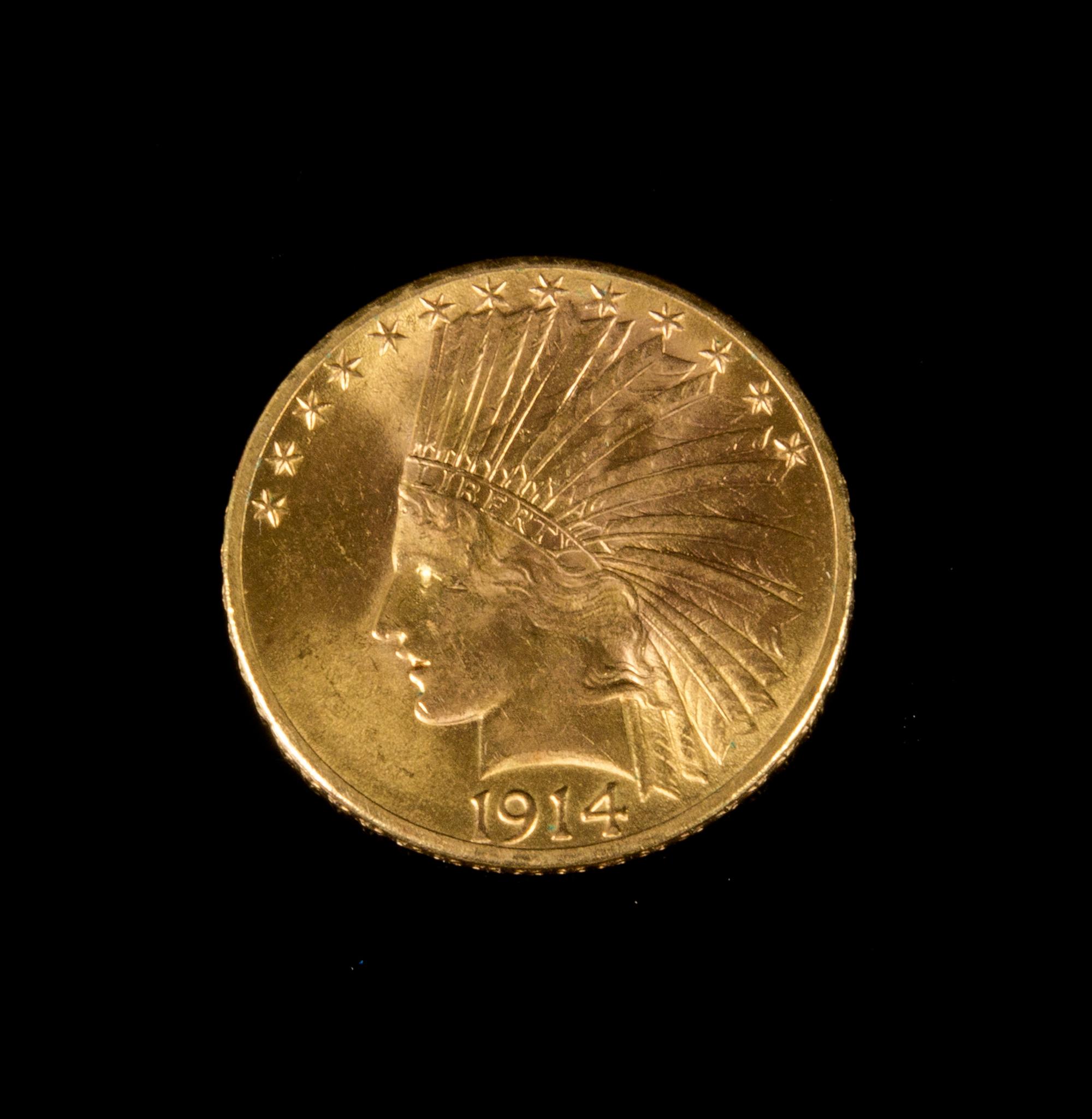 A United States 1914-D Indian Head $10 Gold Coin