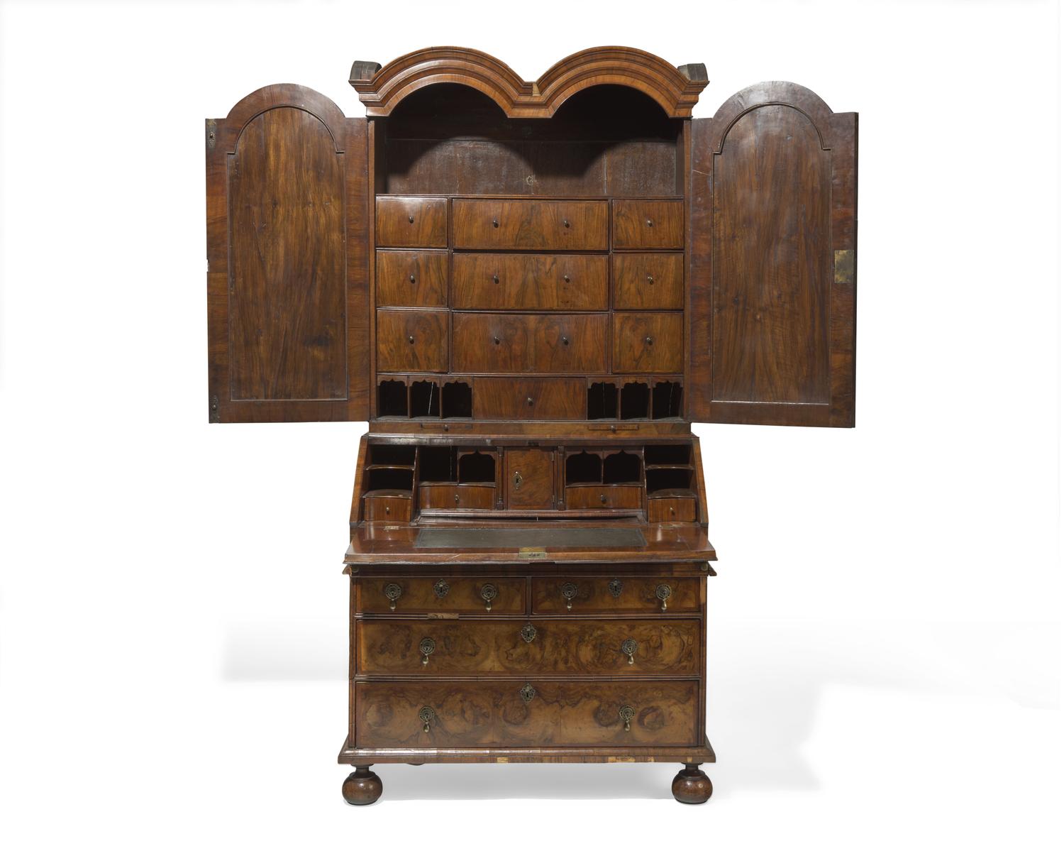 A William & Mary burl walnut-veneered double-domed secretary desk, circa 1700