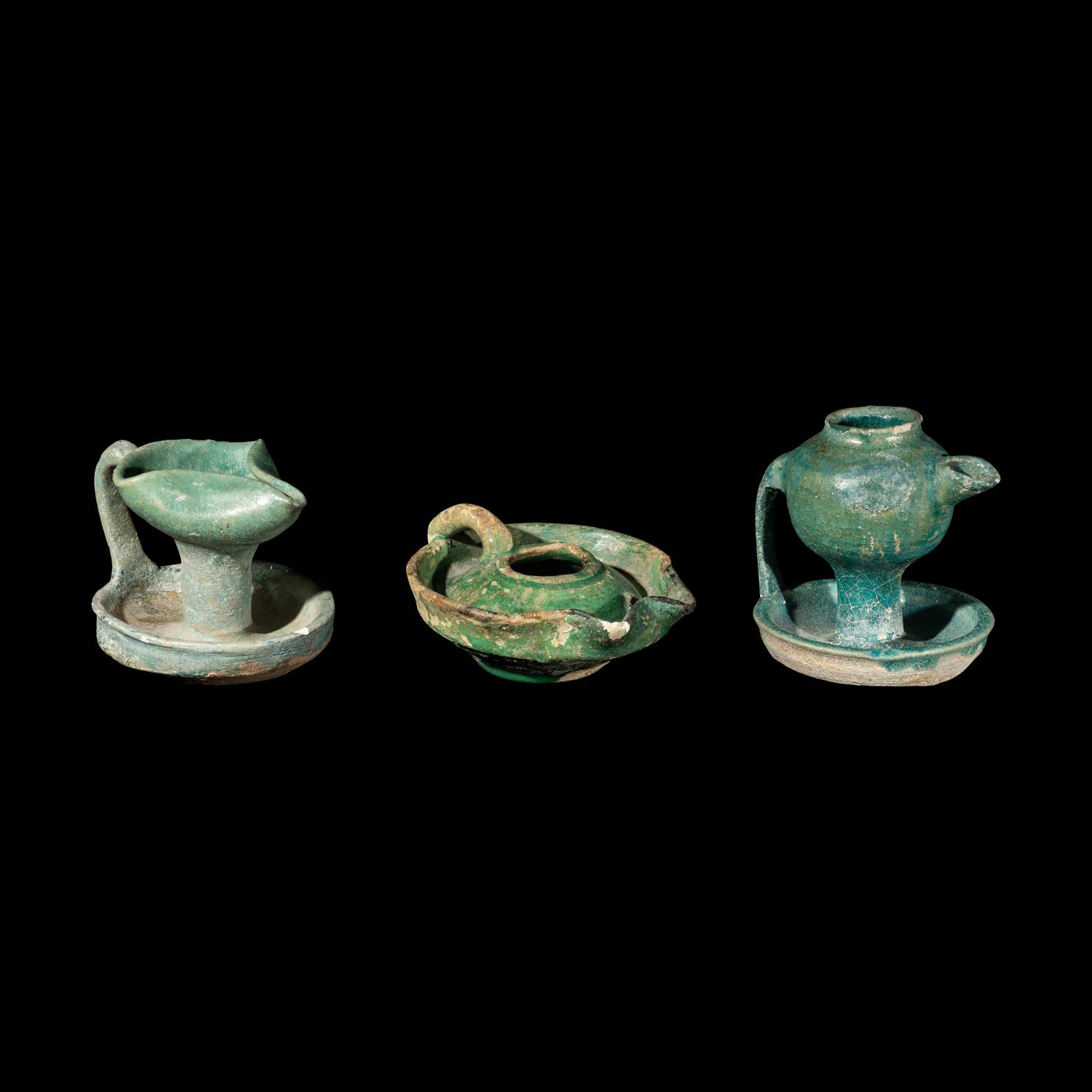 Three Persian Glazed Ceramic Oil Lamps