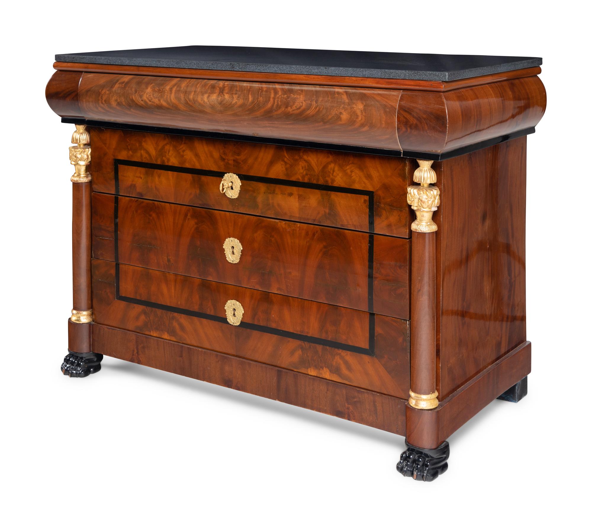 A Pair of German Neoclassical Mahogany and Parcel-Gilt Commodes
