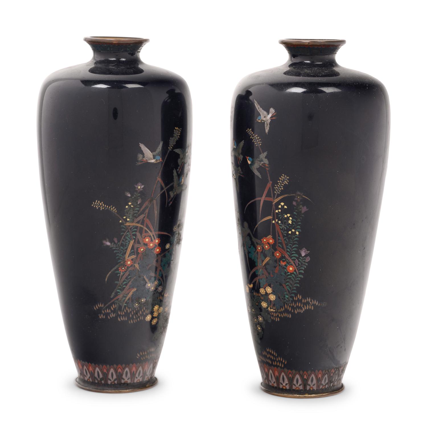 A Pair of Black Ground Cloisonné Vases