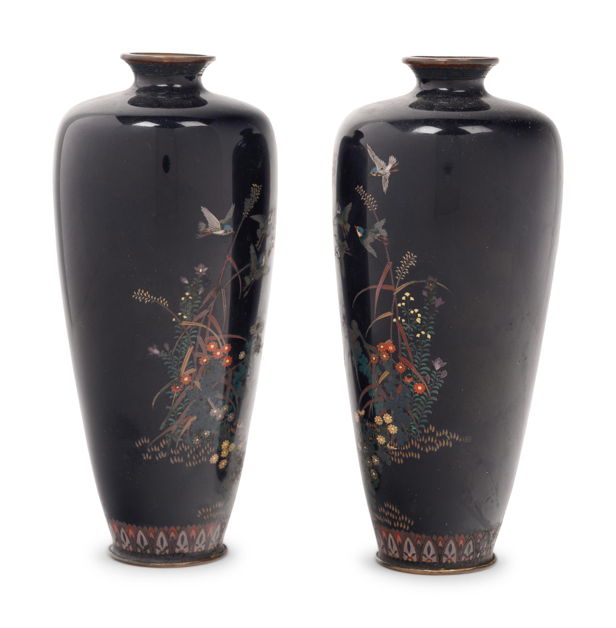 A Pair of Black Ground Cloisonné Vases