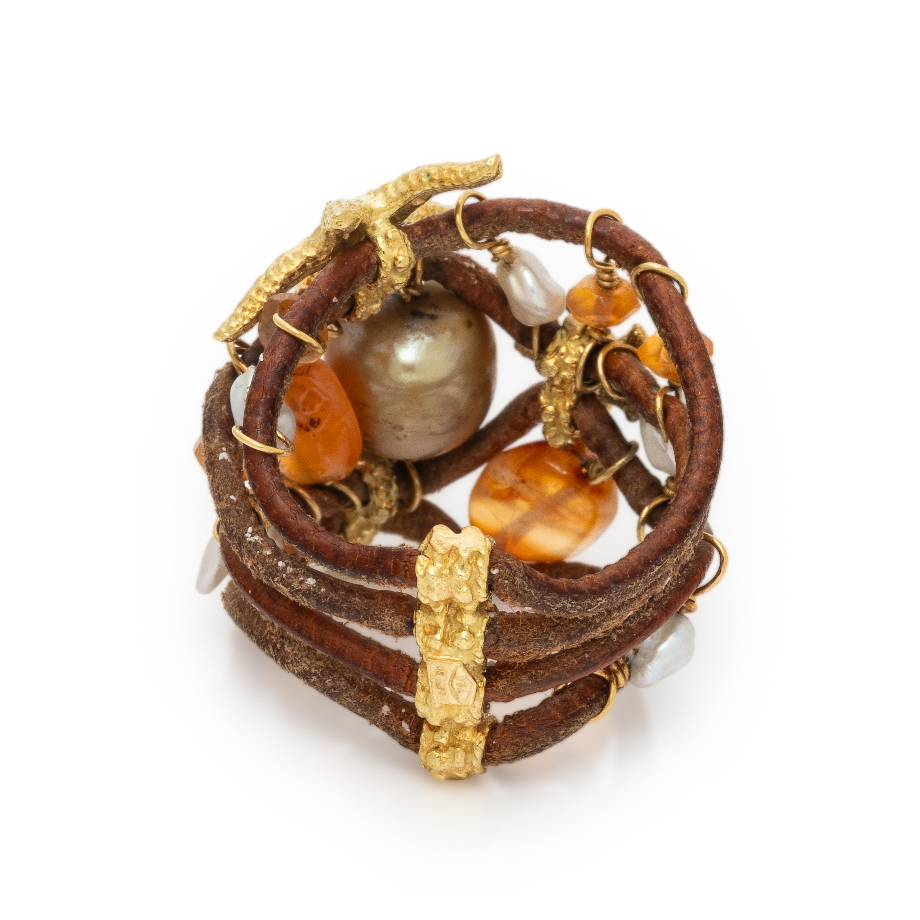 Multigem, Leather, and Yellow Gold Aquatic Ring