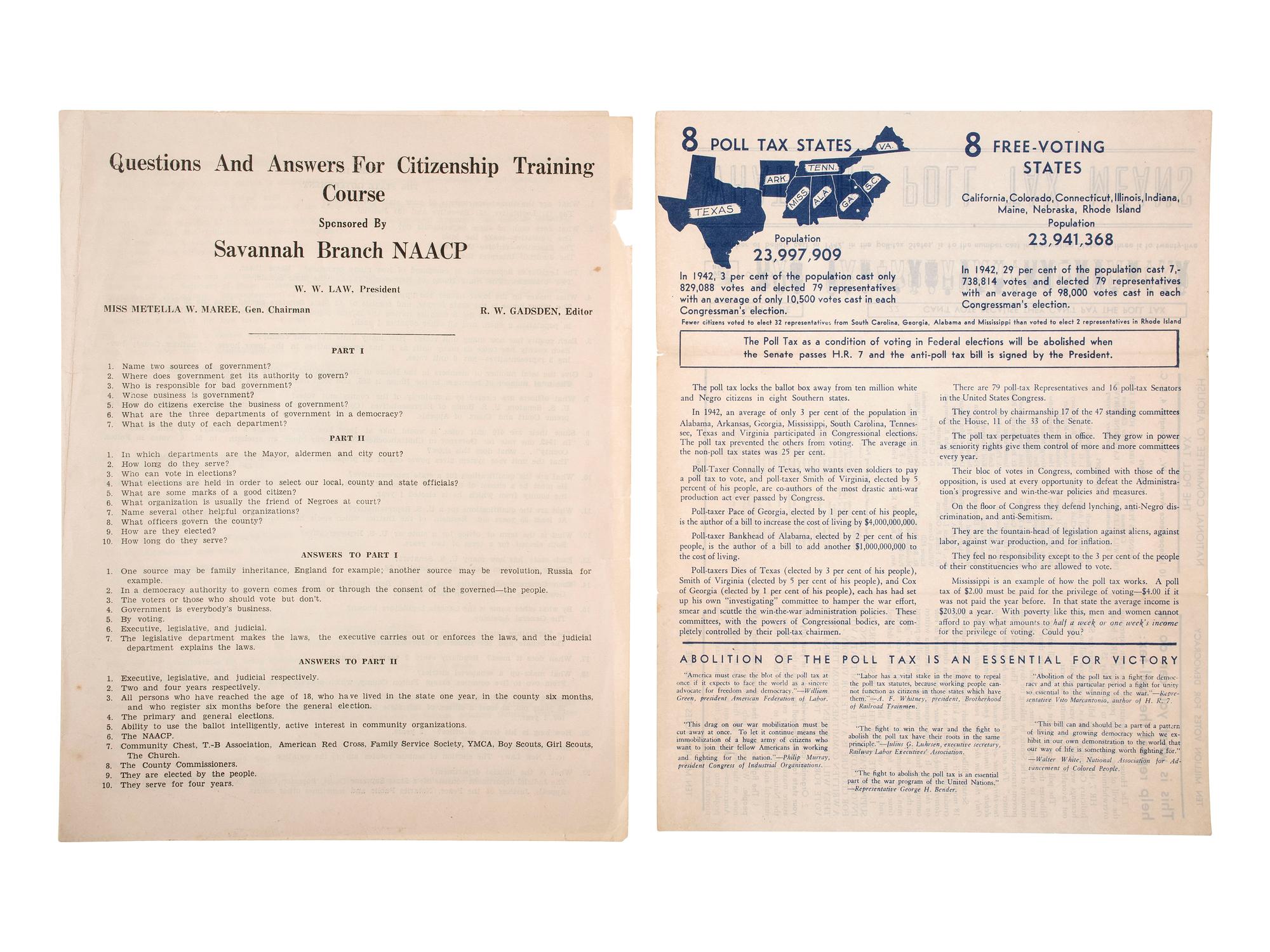 [AFRICAN AMERICANA]. "Questions and Answers For Citizenship Training Course Sponsored by Savannah Branch NAACP." [Savannah, GA], n.d. [ca ?].
