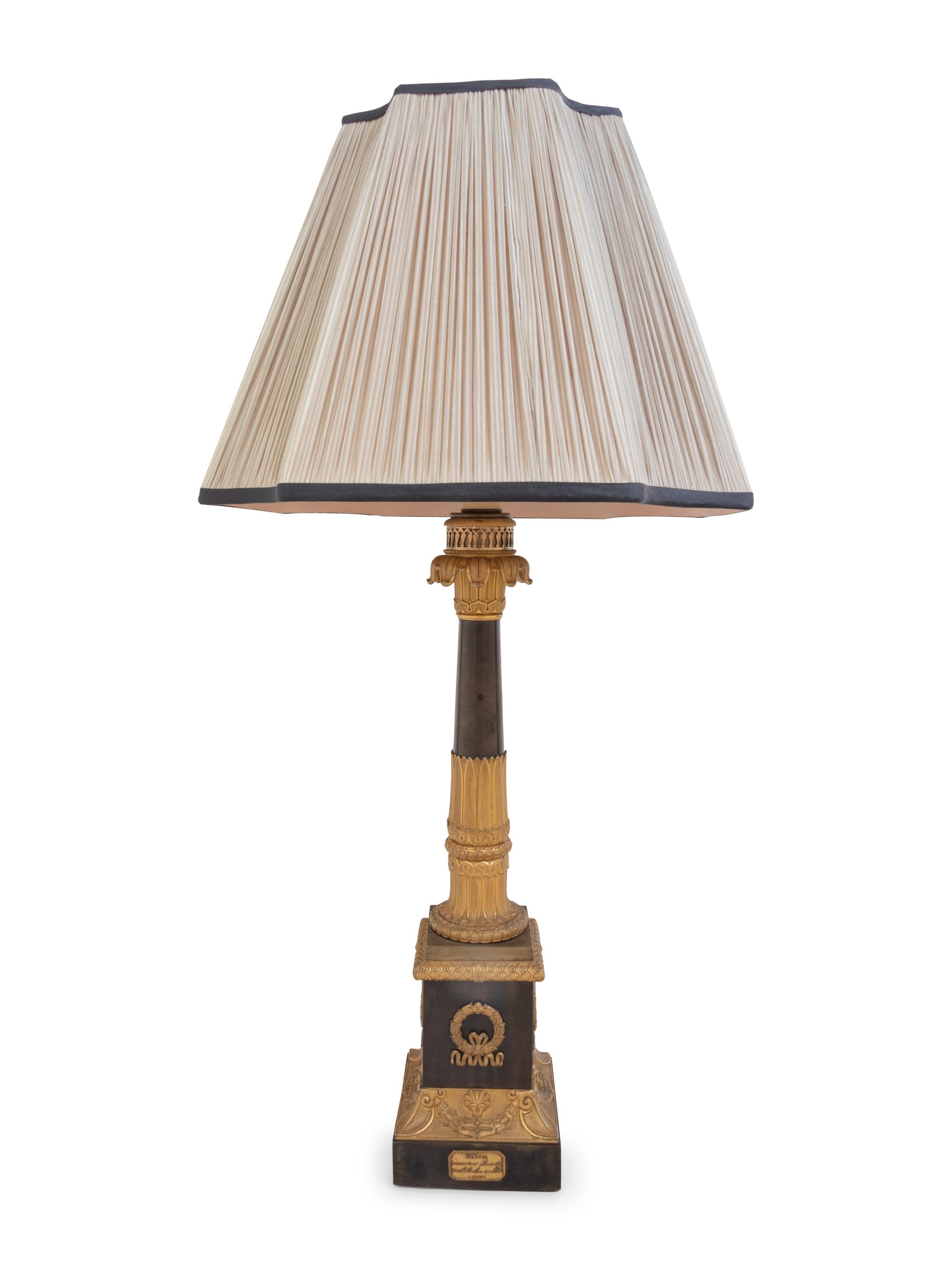 An Empire Gilt and Patinated Bronze Oil Lamp Converted to Electricity