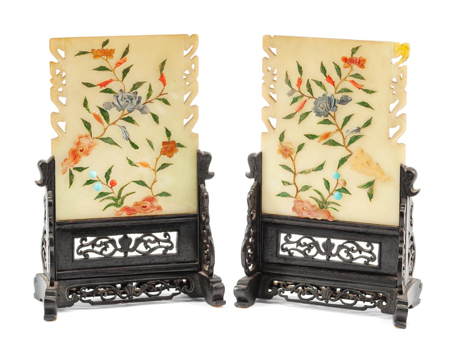 A Pair of Chinese Hardstone Mounted Table Screens