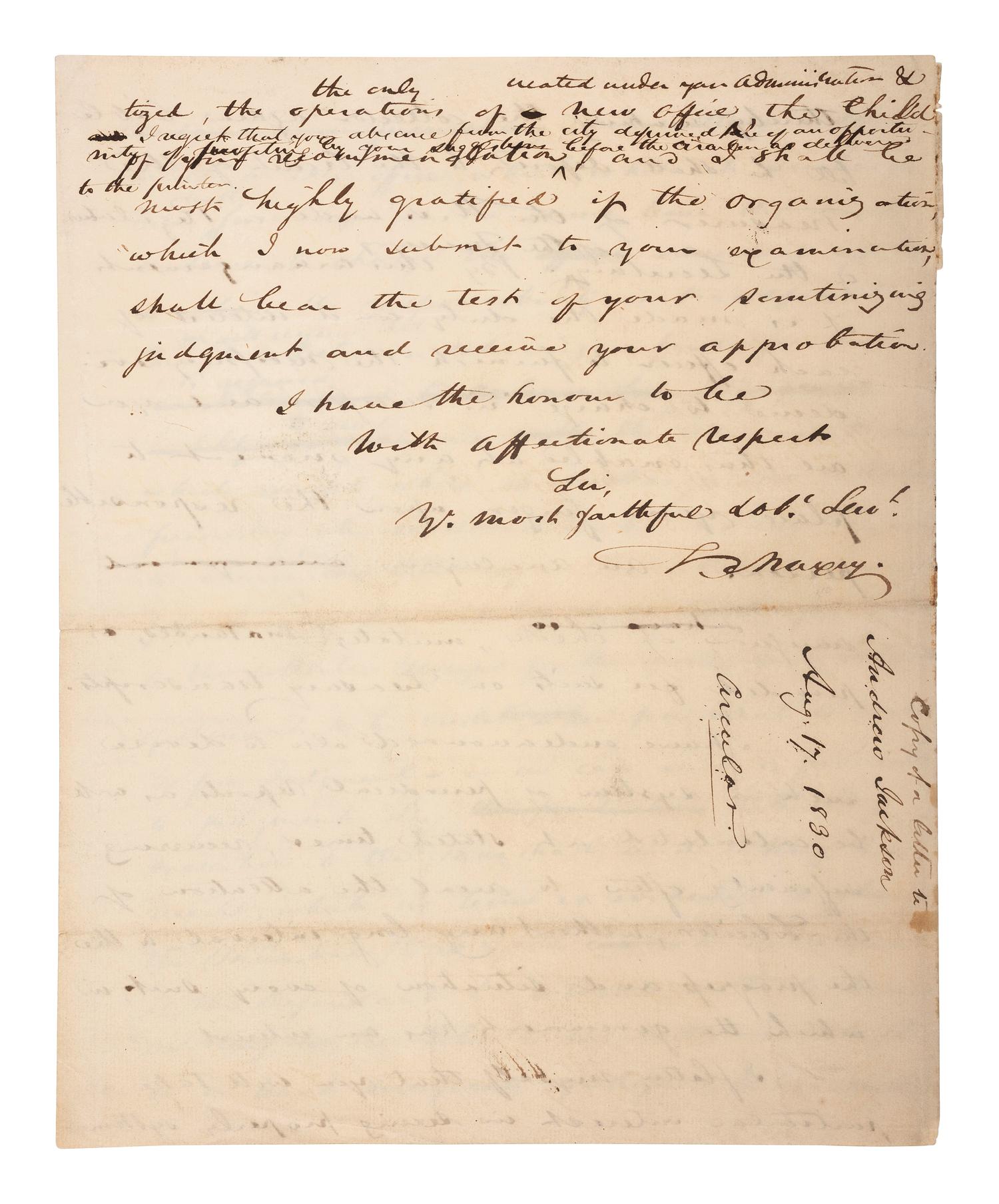 [JACKSON, ANDREW (1767-1845)]. Manuscript copy letter to Andrew Jackson from Virgil Maxcy.
