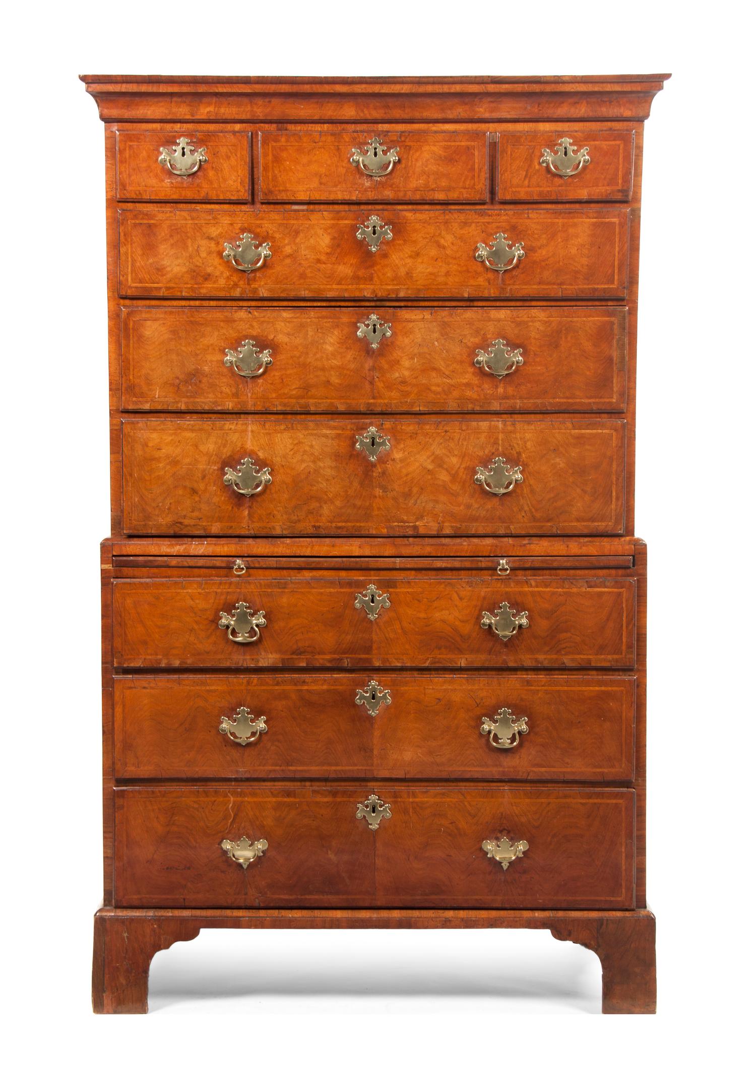 A George III Burlwood Chest on Chest, Height 72 x width 41 x depth 21 inches.