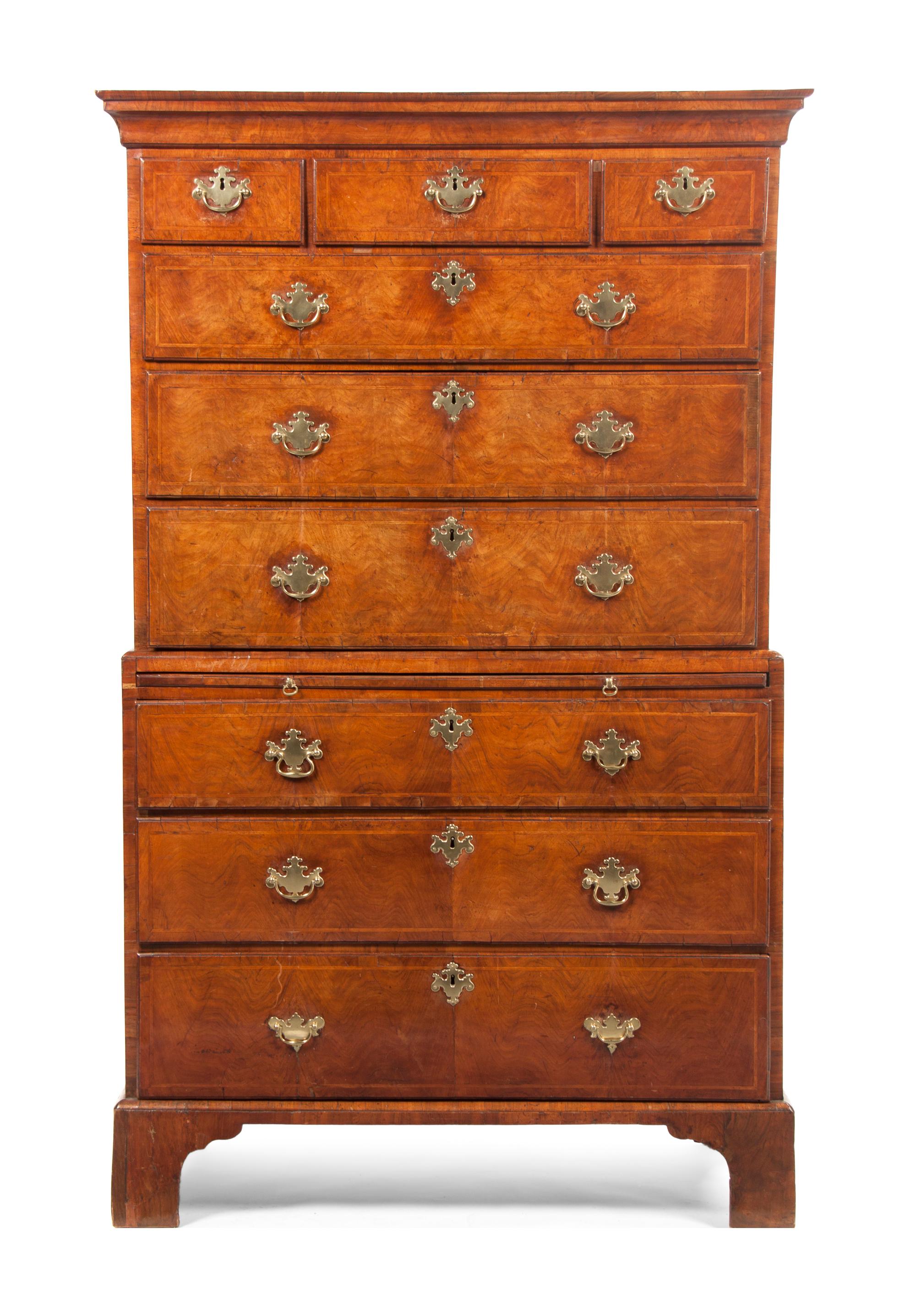 A George III Burlwood Chest on Chest, Height 72 x width 41 x depth 21 inches.