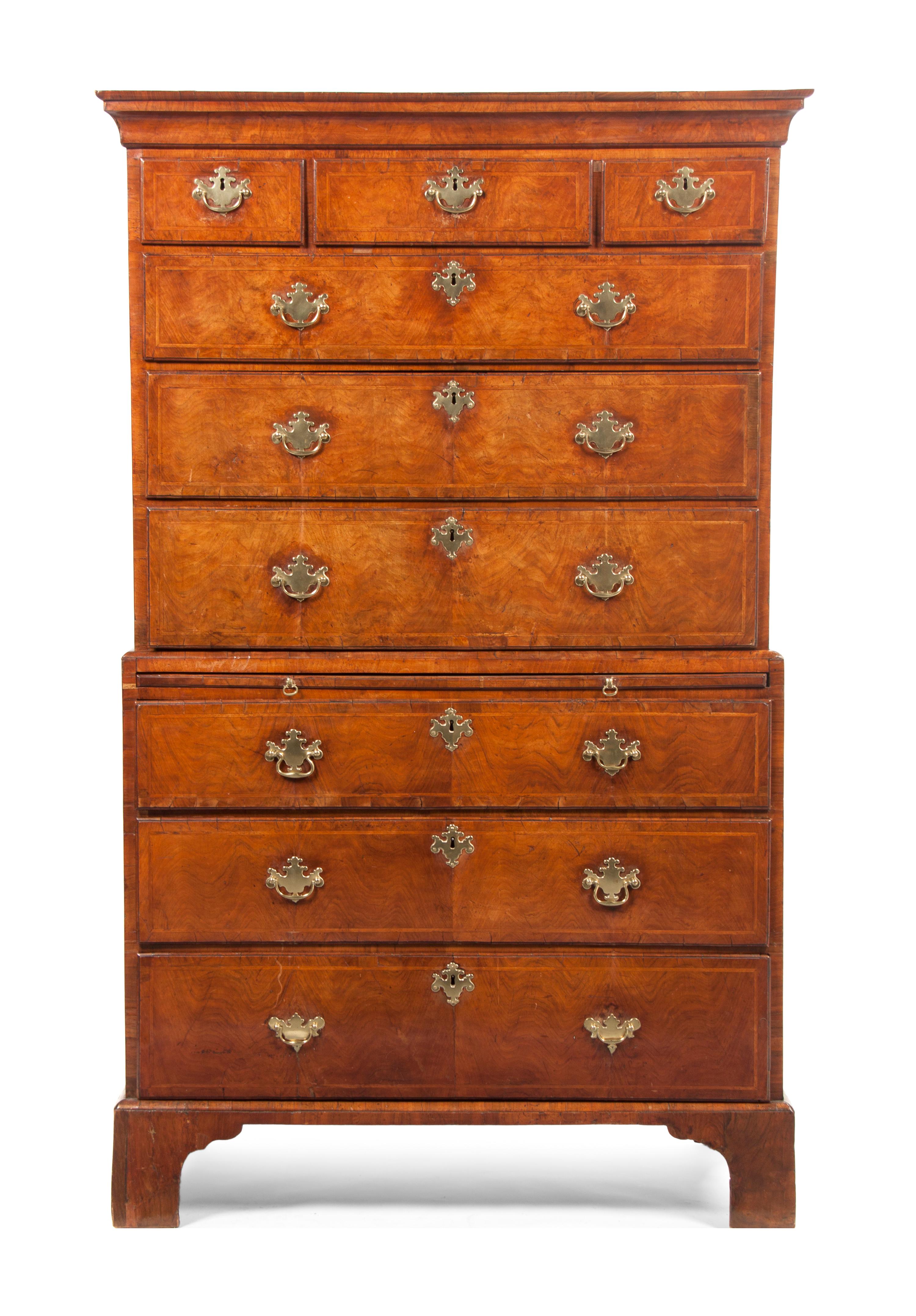 A George III Burlwood Chest on Chest, Height 72 x width 41 x depth 21 inches.