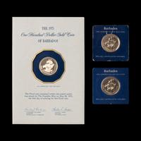 [PRIVATE ISSUE] A Group of Three 1975 Franklin Mint Barbados: 350th Anniversary 12-Karat Gold $100 coins.