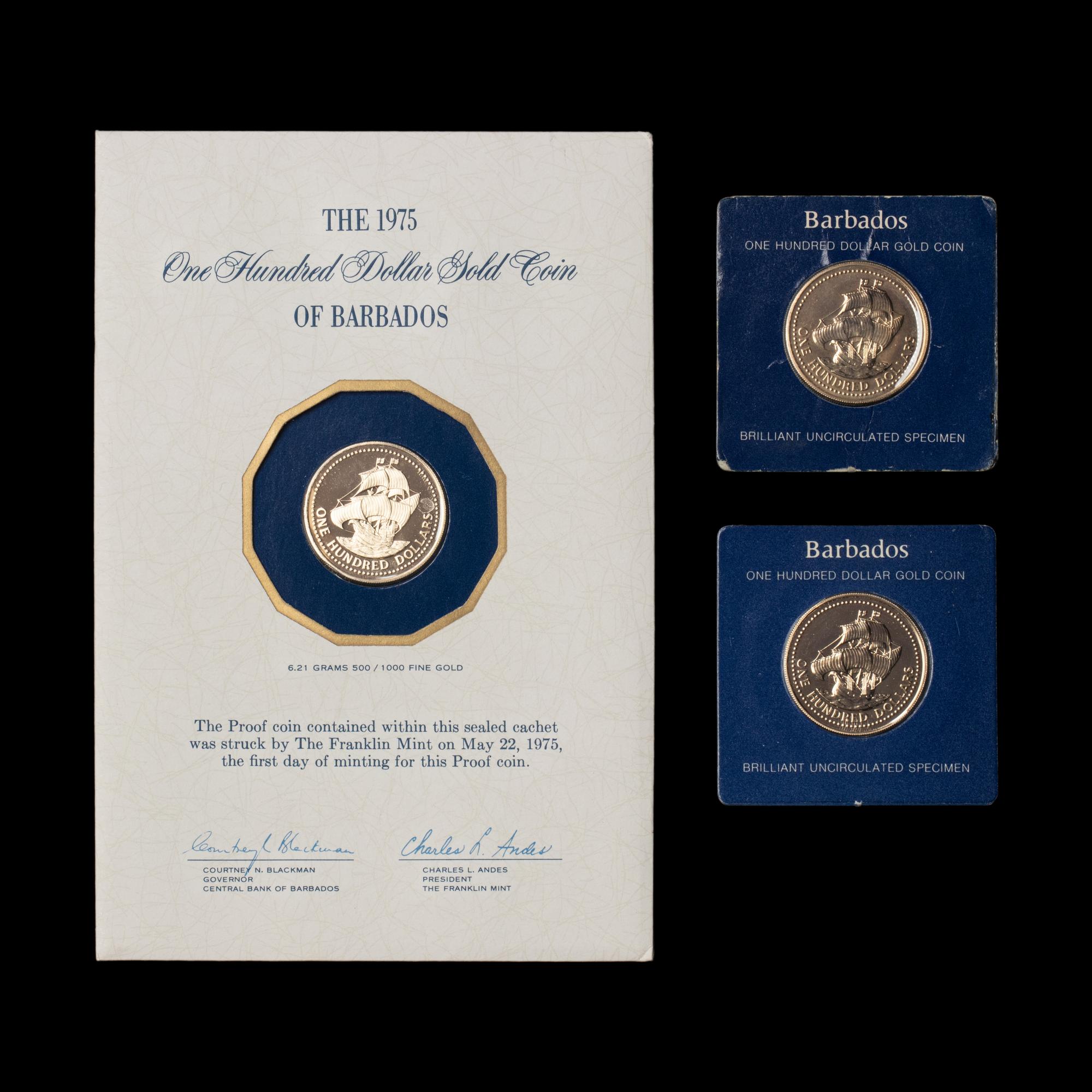 [PRIVATE ISSUE] A Group of Three 1975 Franklin Mint Barbados: 350th Anniversary 12-Karat Gold $100 coins.