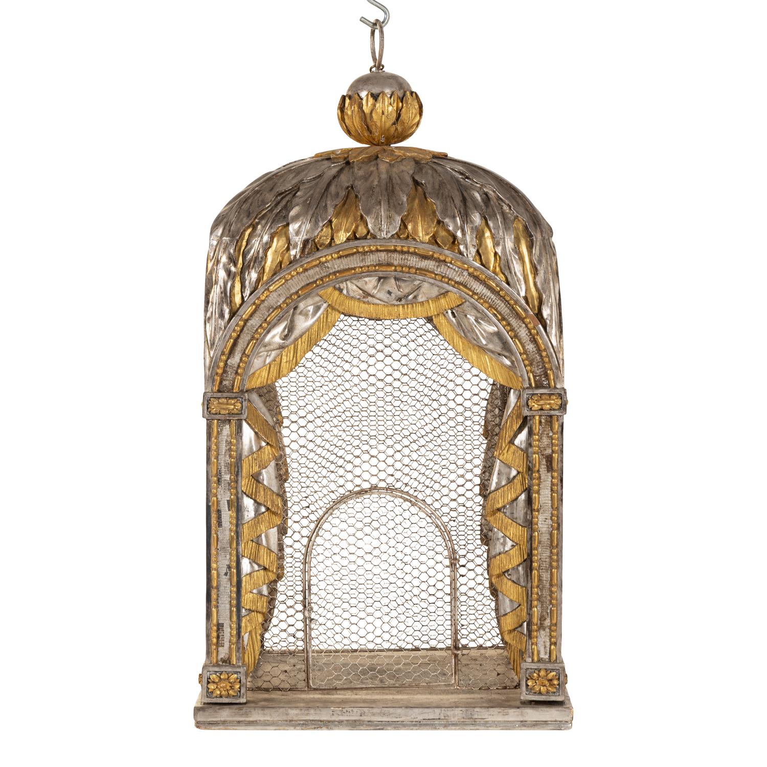 A Neoclassical Silvered and Parcel Gilt Birdcage or Hall Lantern