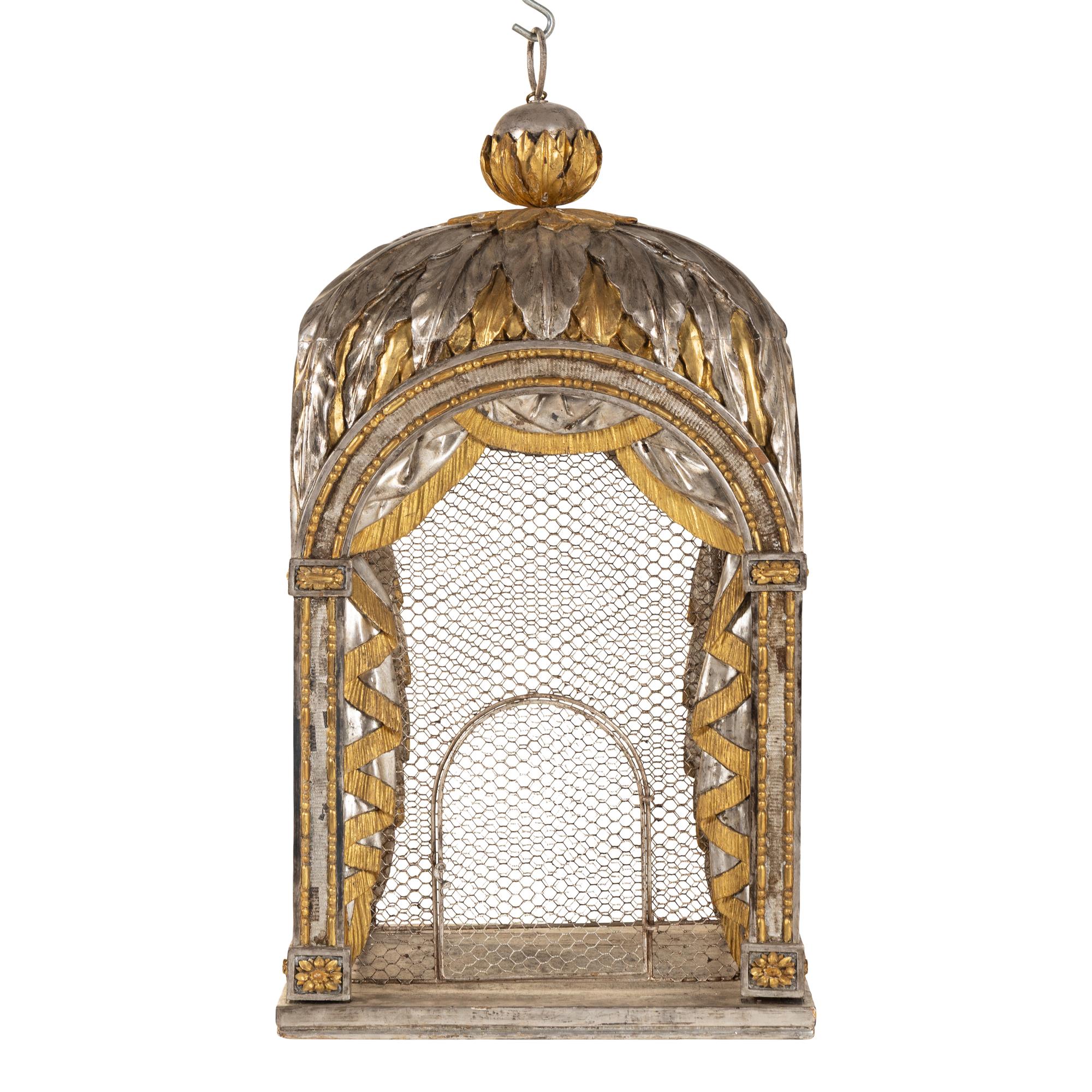 A Neoclassical Silvered and Parcel Gilt Birdcage or Hall Lantern