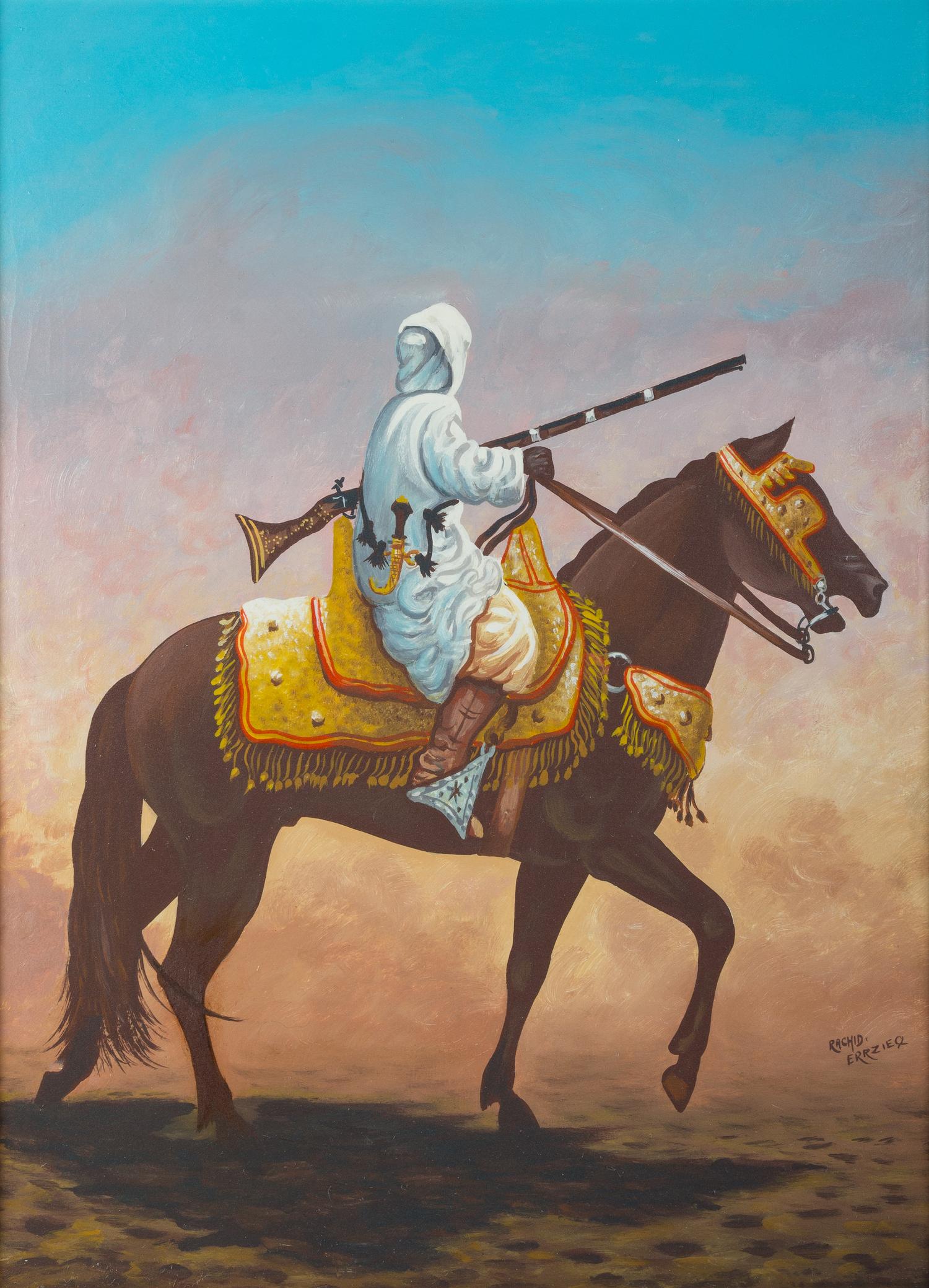 Rachid Errzieq, (Moroccan, 20th Century), Arab Figure on Horseback