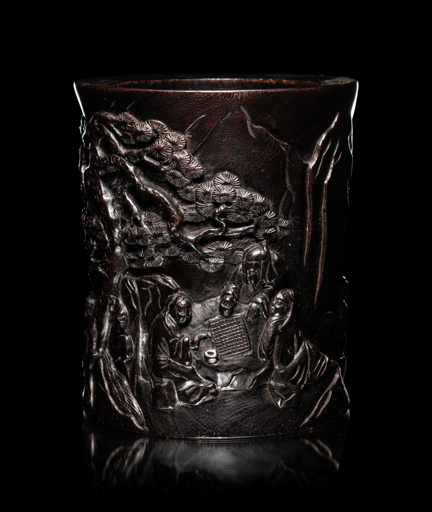 Two Chinese Carved Hardwood Brushpots, Bitong