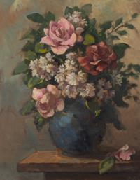 Dorothea Sharp (British, 1874-1955) — Roses and Michaelmas Daisies in a Blue Vase
