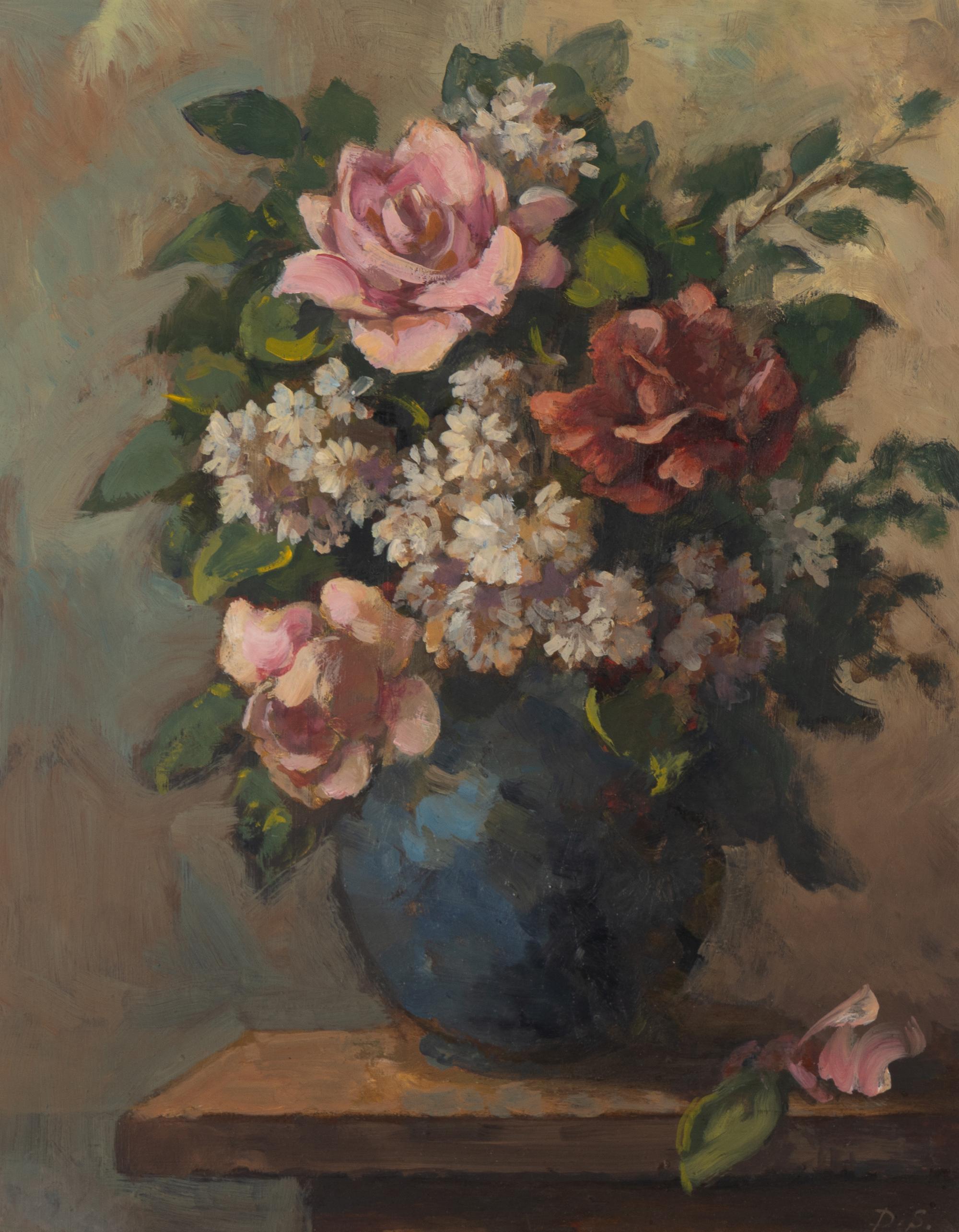 Dorothea Sharp (British, 1874-1955) — Roses and Michaelmas Daisies in a Blue Vase