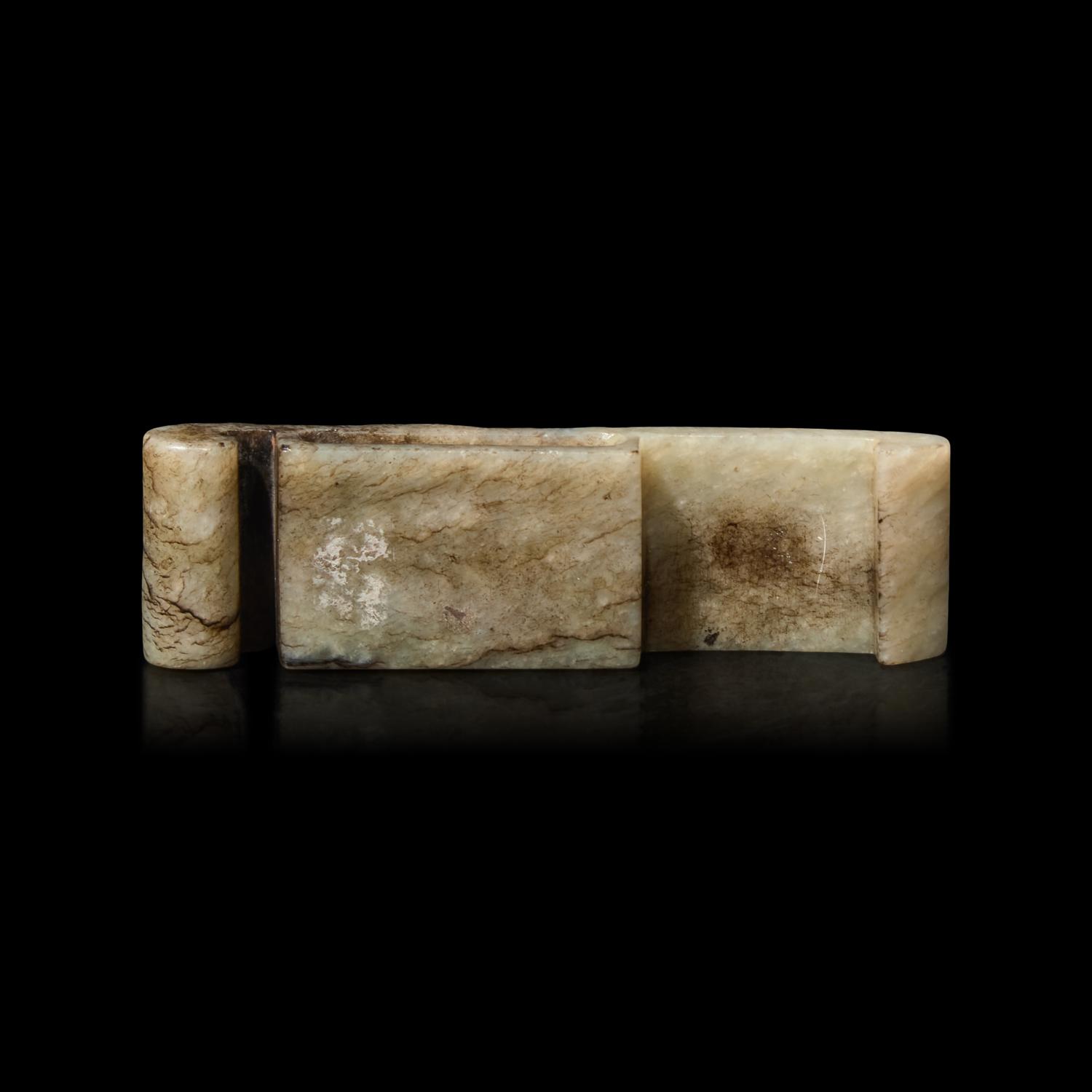 A Chinese Celadon and Black Jade 'Chilong' Sword Scabbard, Jianzhi Qing Dynasty or Earlier 清或更早 青玉提油雕螭龍劍璏