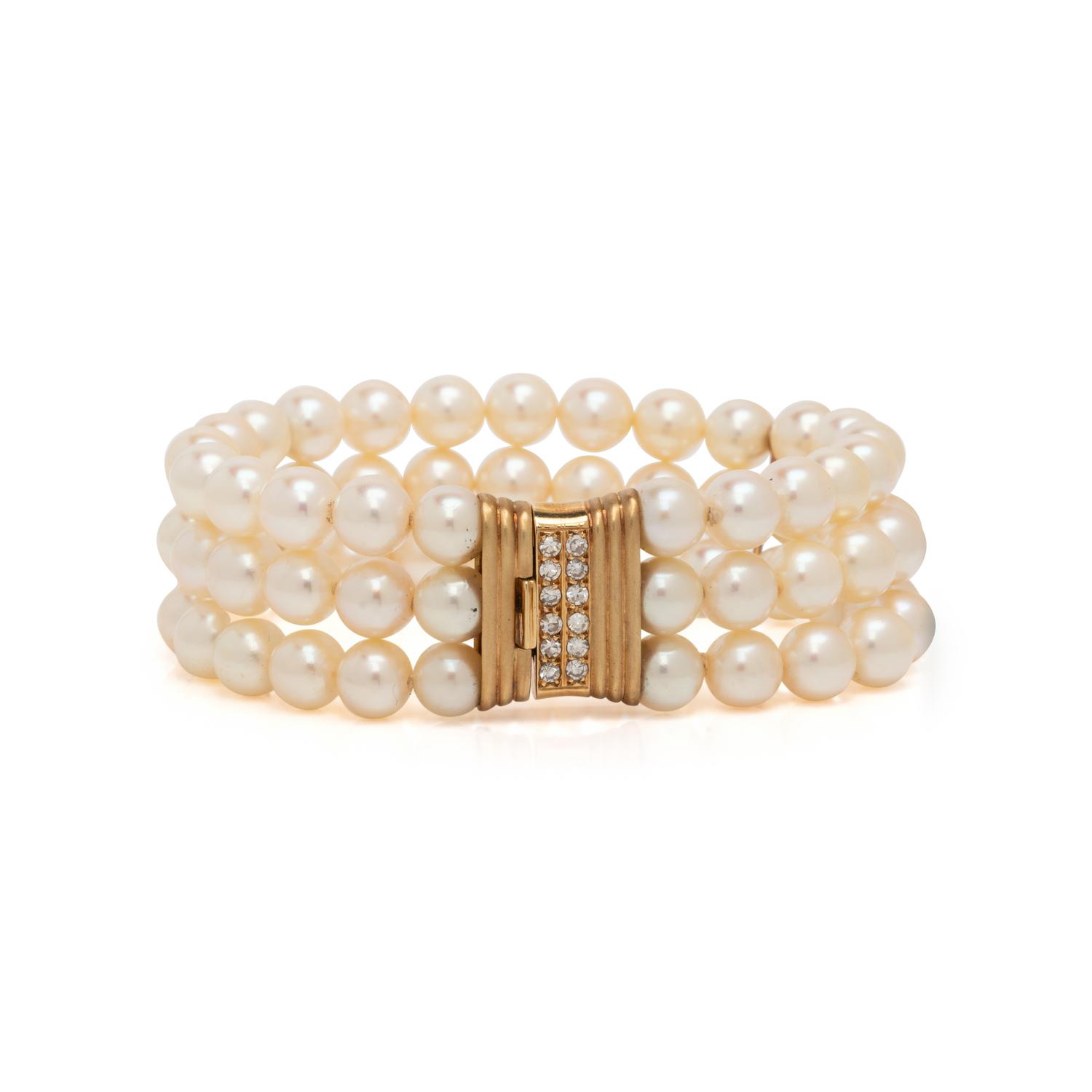 CULTURED PEARL, DIAMOND, AND YELLOW GOLD MULTISTRAND BRACELET