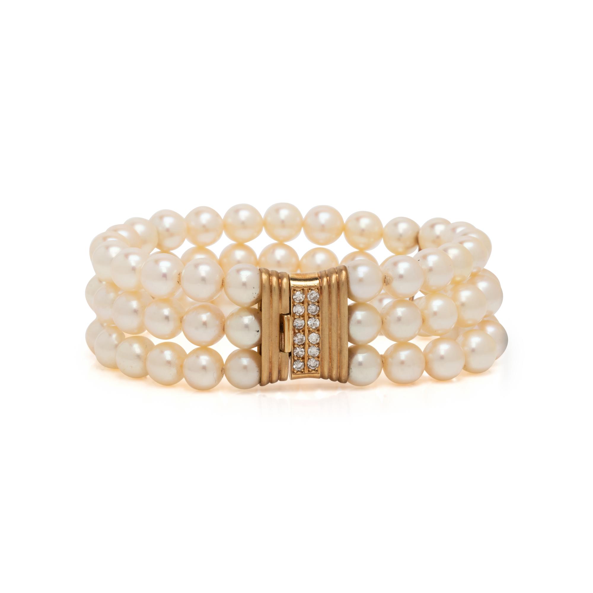 CULTURED PEARL, DIAMOND, AND YELLOW GOLD MULTISTRAND BRACELET