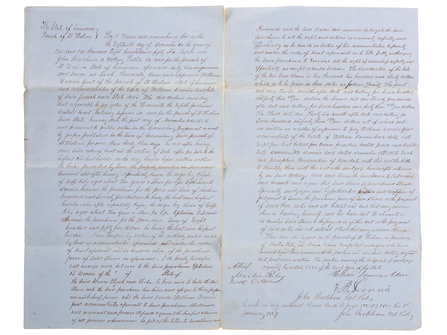 [SLAVERY & ABOLITION]. A group of 2 documents related to the enslavement of individuals in Louisiana, comprising: