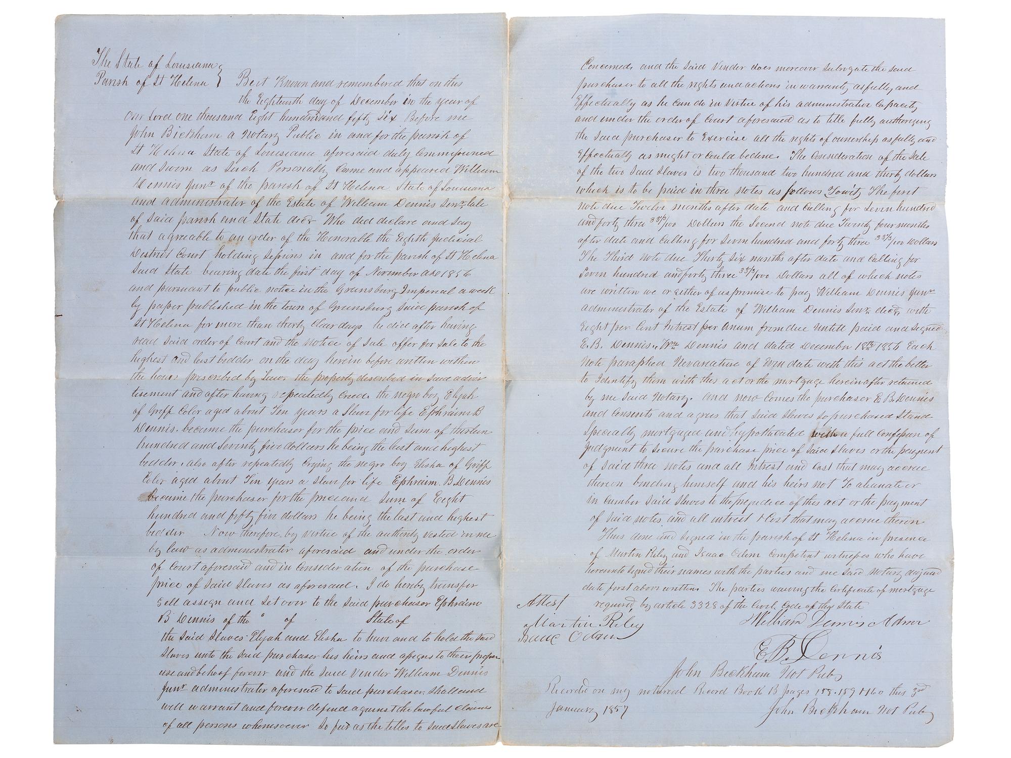 [SLAVERY & ABOLITION]. A group of 2 documents related to the enslavement of individuals in Louisiana, comprising: