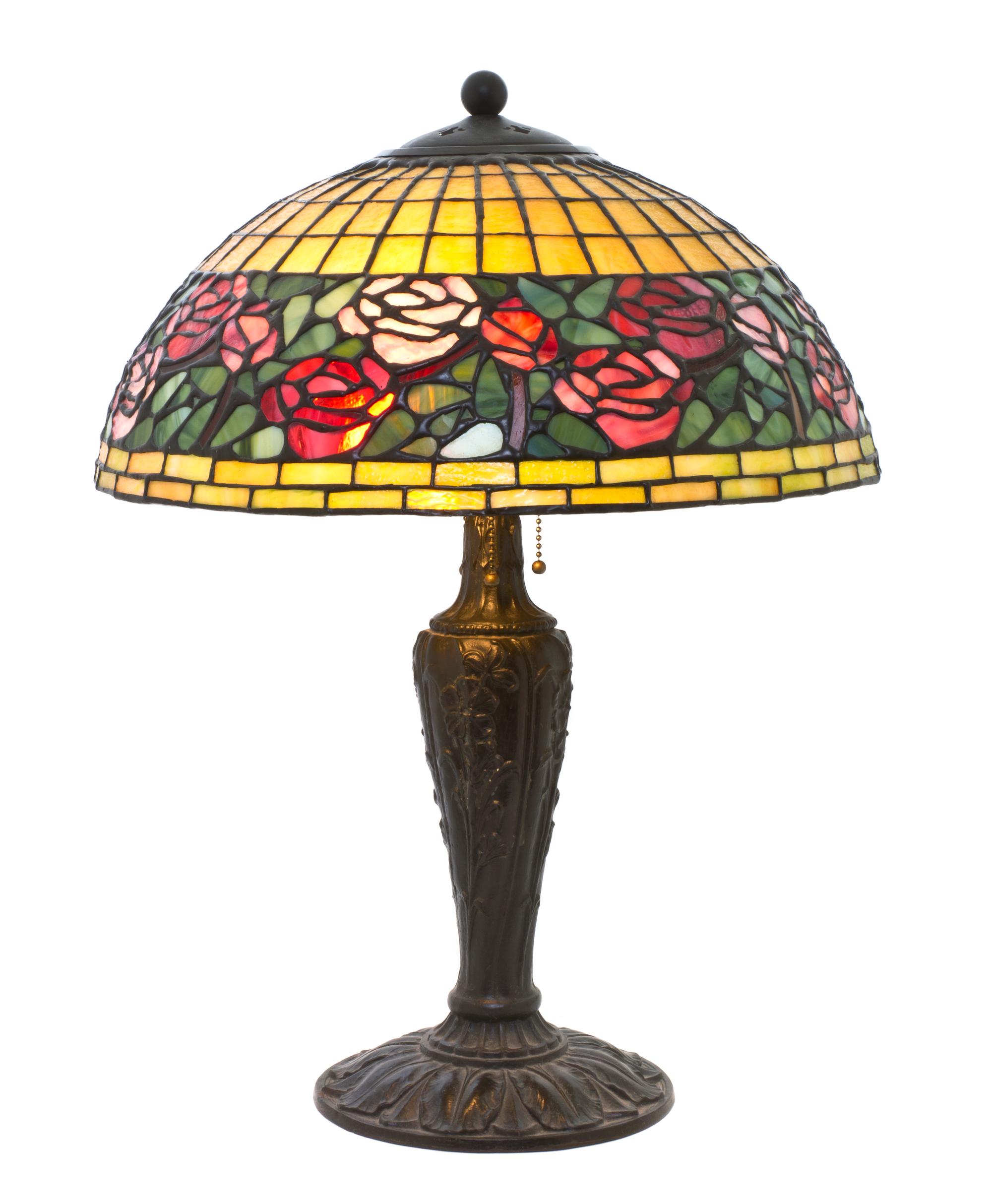A Handel Leaded Glass Lamp Shade, Height overall 22 x diameter of shade 16 inches.